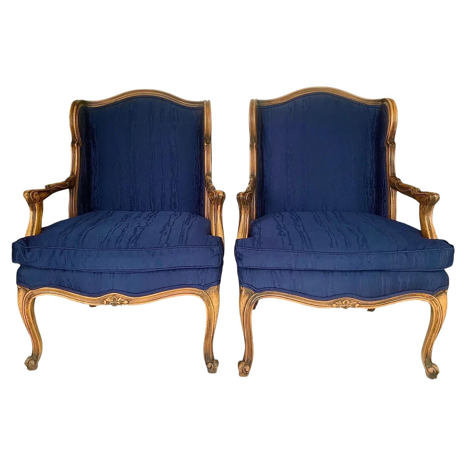 Louis XV French Provincial Walnut Upholstered Lounge Chairs, a Pair
