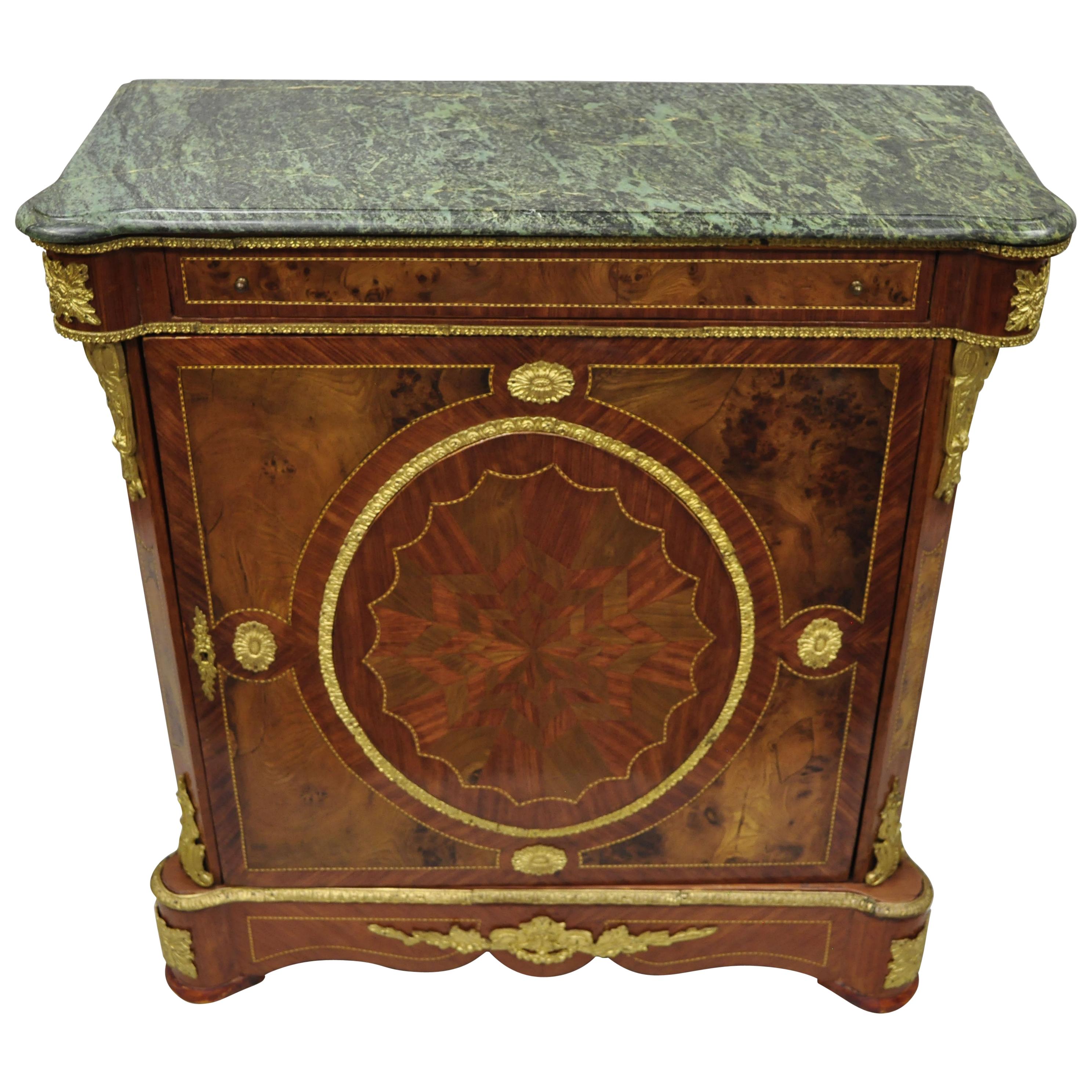 Louis XV French Reproduction Marble Top Bronze & Inlay Sideboard Commode Cabinet