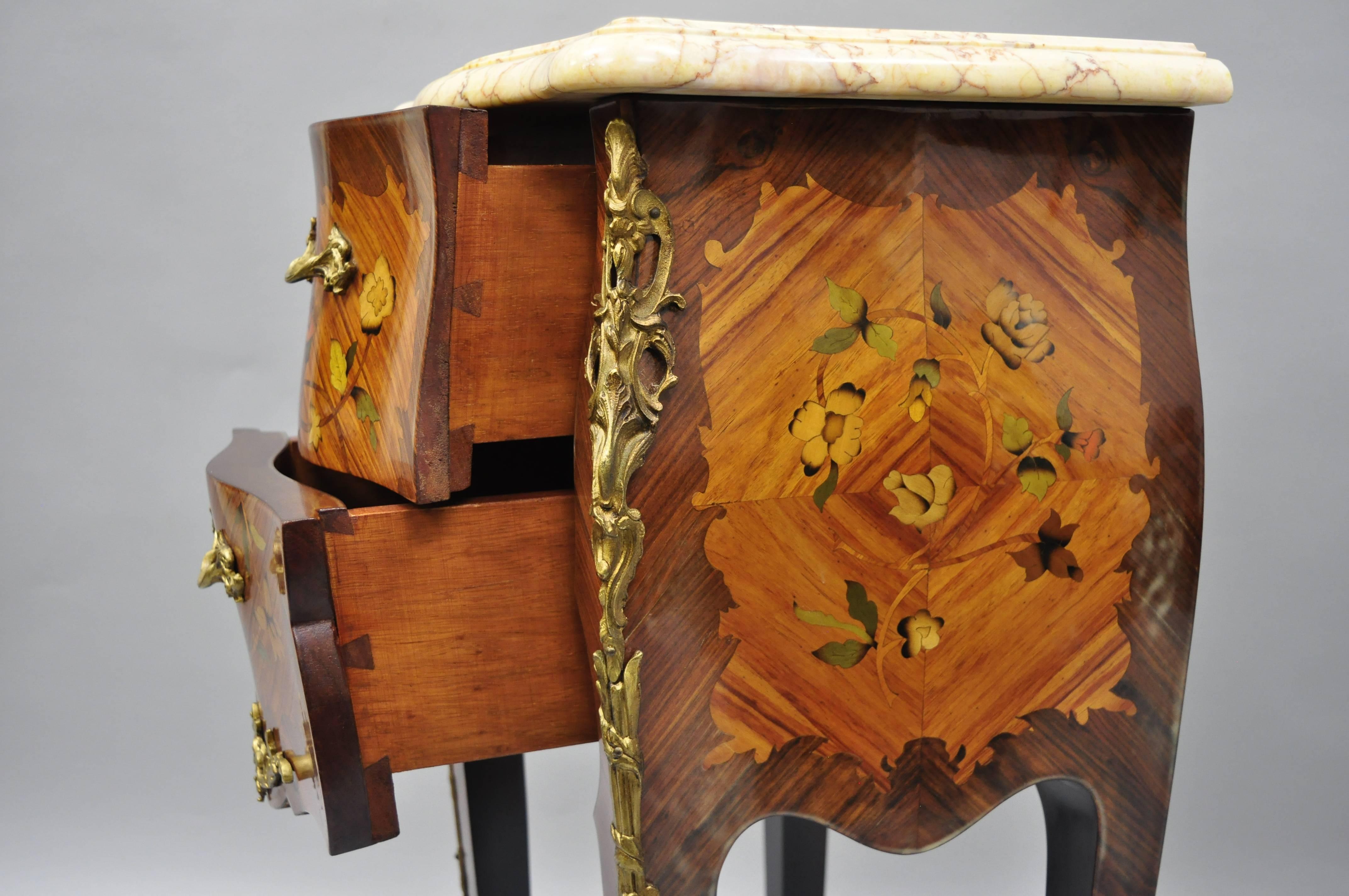 20th Century Louis XV French Style Bombe Form Floral Inlaid Marble-Top Nightstands, a Pair