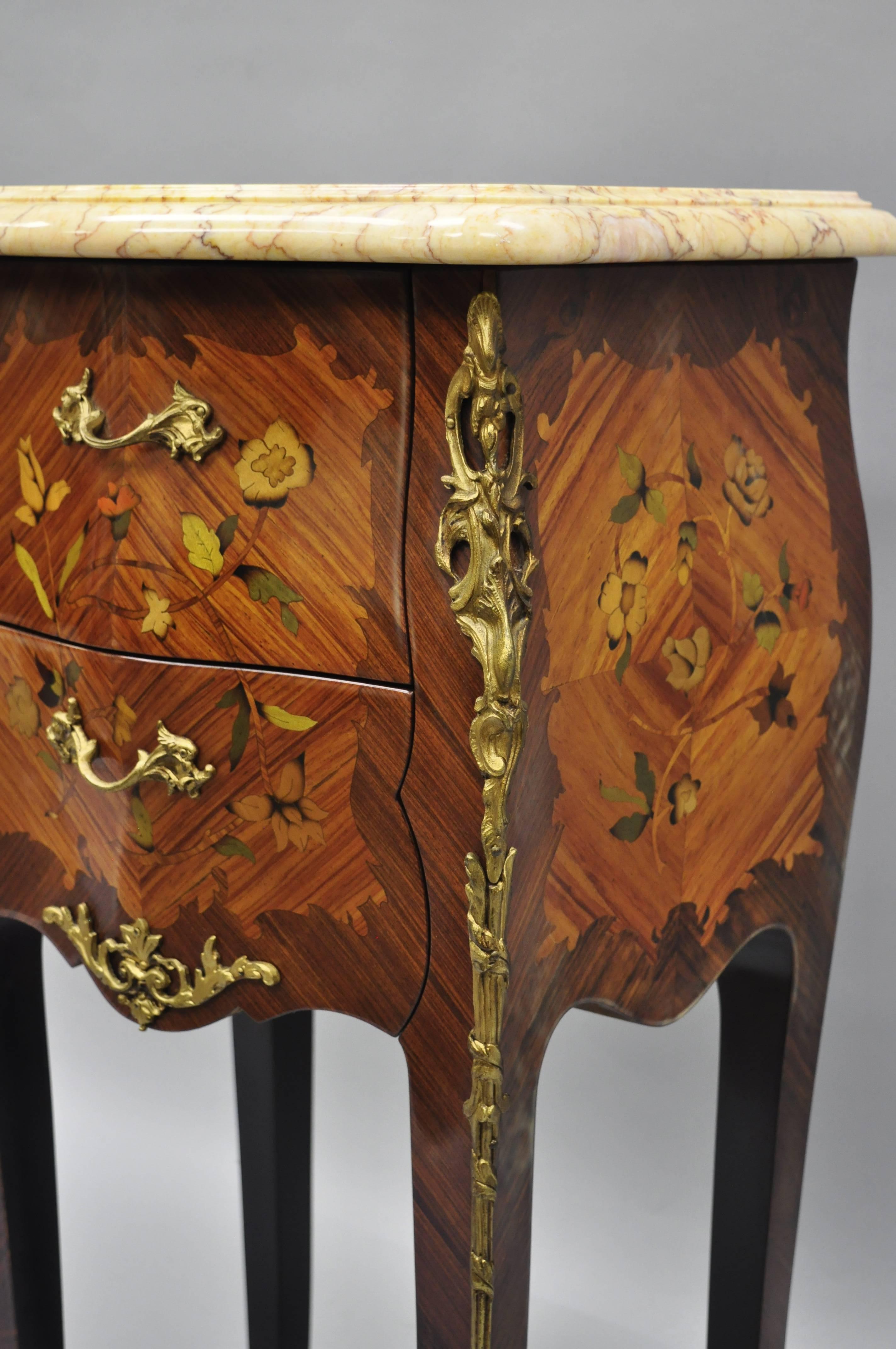 Louis XV French Style Bombe Form Floral Inlaid Marble-Top Nightstands, a Pair 3