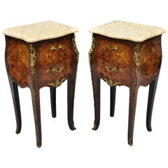 Louis XV French Style Bombe Form Floral Inlaid Marble-Top Nightstands, a Pair