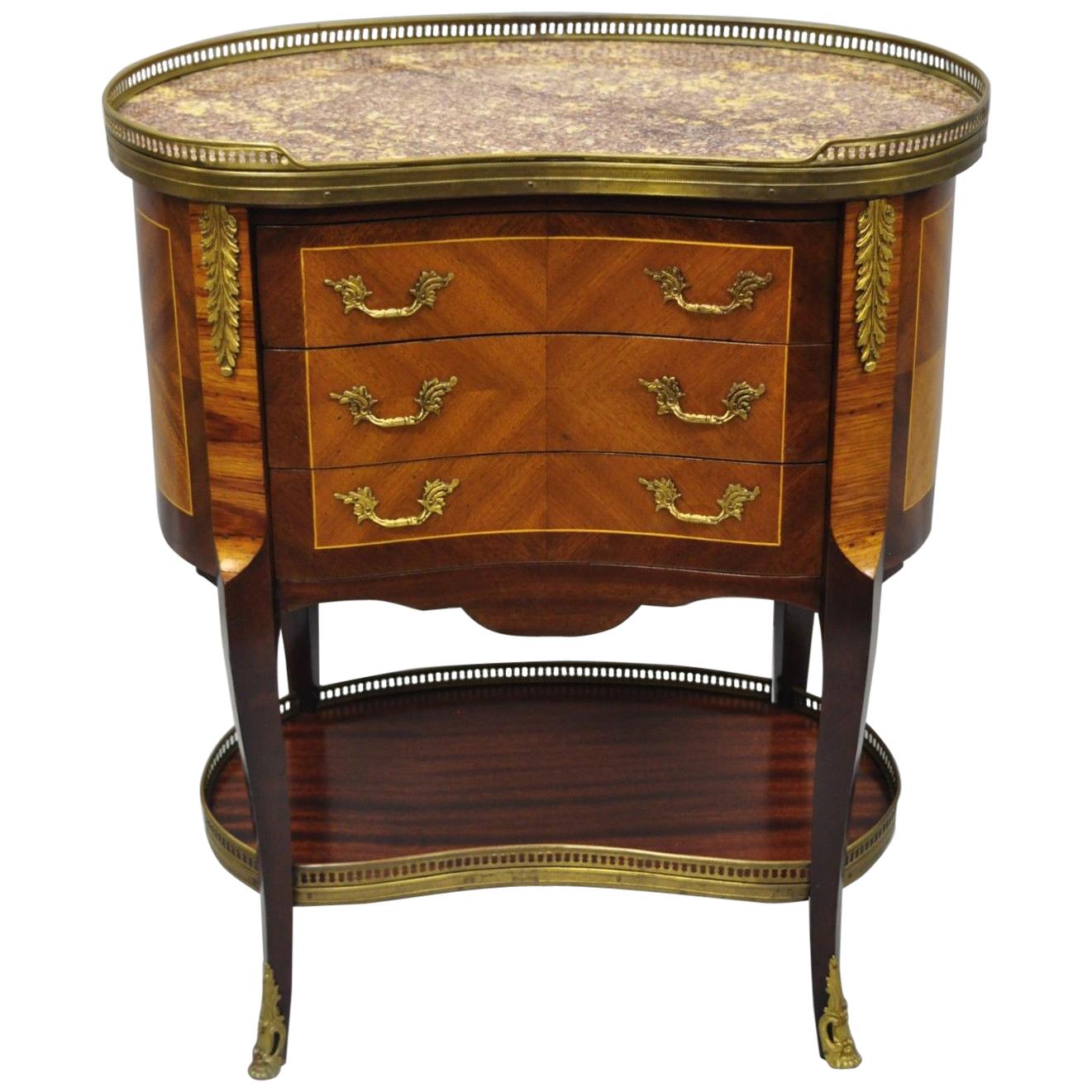 Louis XV French Style Kidney Shaped Marble-Top Nightstand End Table