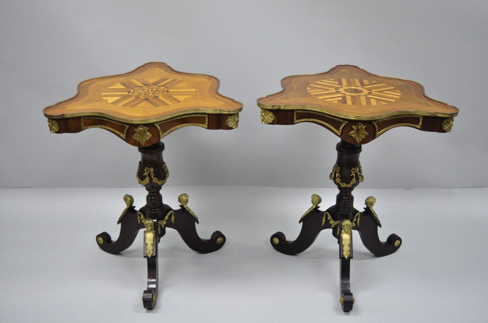 Louis XV French Style Repro Marquetry Inlay Side Tables Bronze Figures, a Pair 7