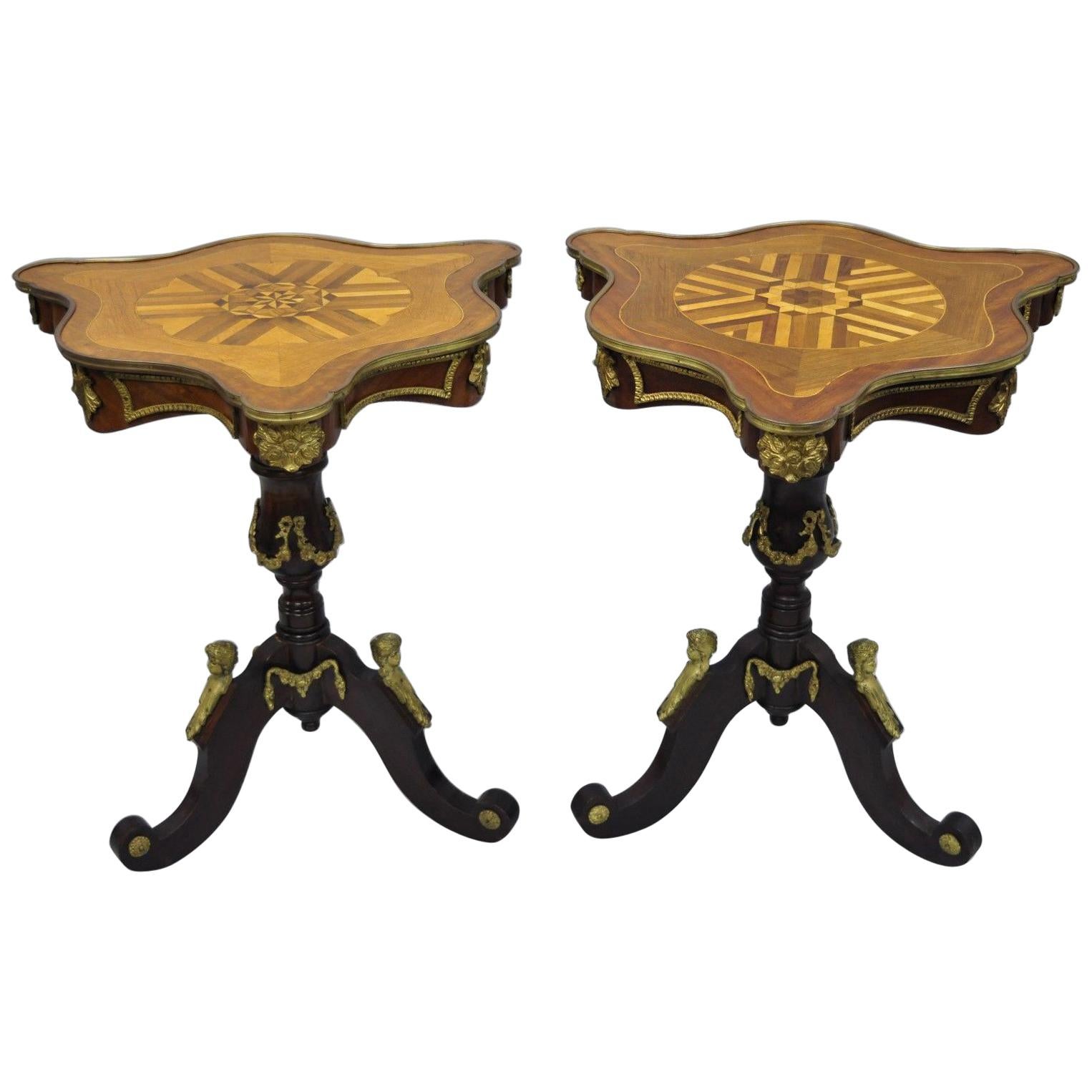 Louis XV French Style Repro Marquetry Inlay Side Tables Bronze Figures, a Pair