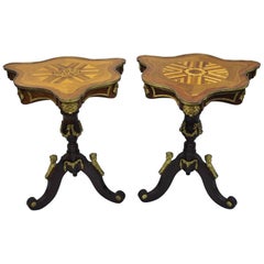 Vintage Louis XV French Style Repro Marquetry Inlay Side Tables Bronze Figures, a Pair