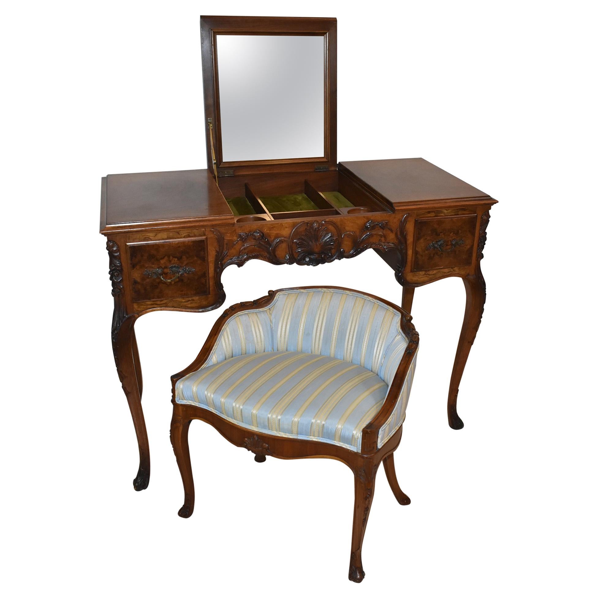 Louis XV French Style Walnut Dressing Table / Vanity & Chair by Irwin Furniture