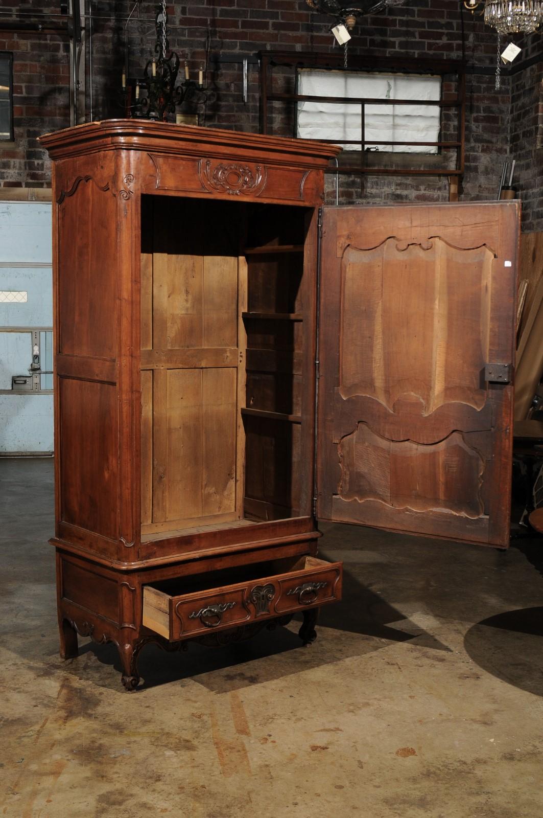 Louis XV Fruitwood Bonnetiere with Carved Paneled Door and Cabriole Feet For Sale 1