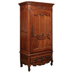 Louis XV Fruitwood Bonnetiere with Carved Paneled Door and Cabriole Feet