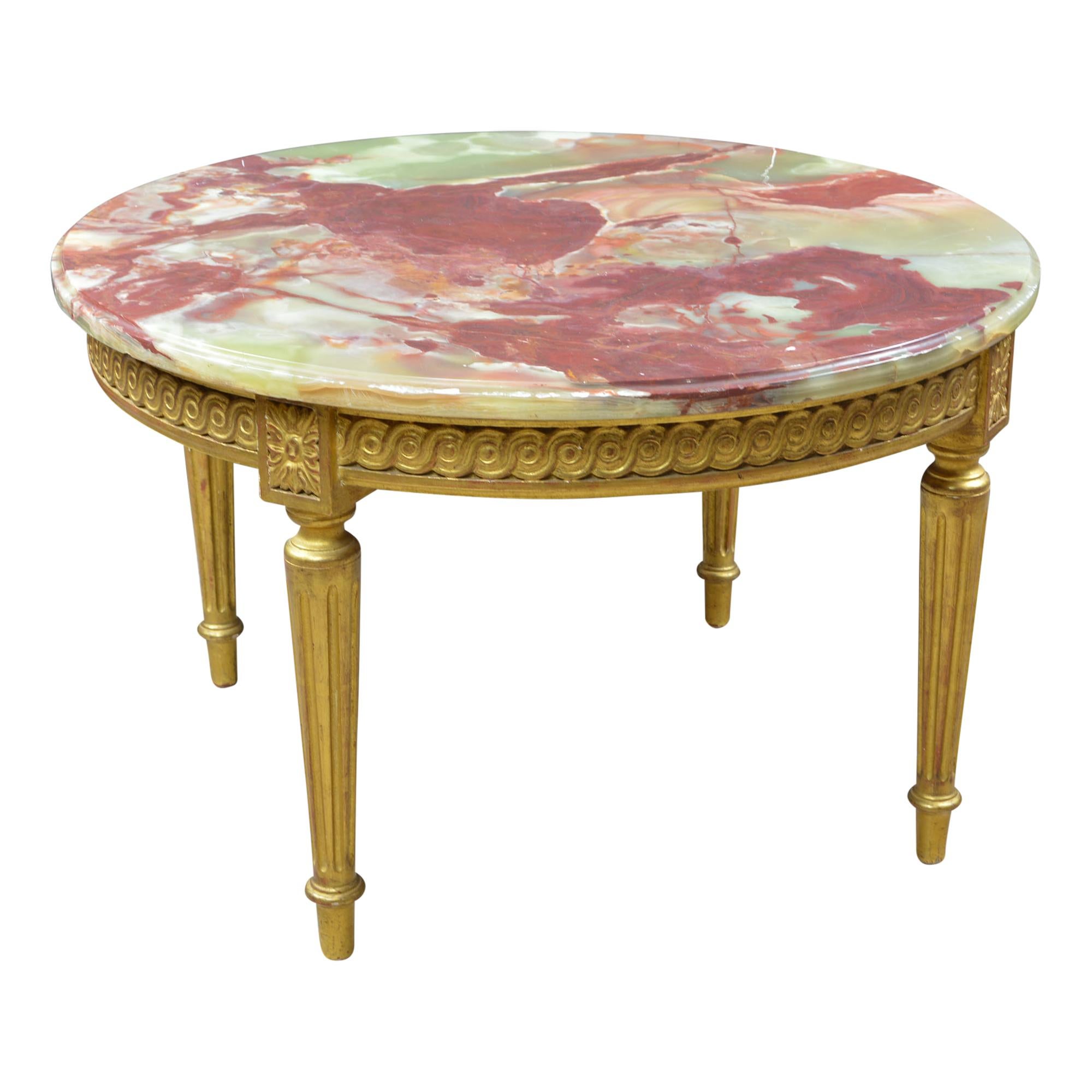 Louis XV Gilded Round Coffee Table with Agata Onyx Stone Top For Sale