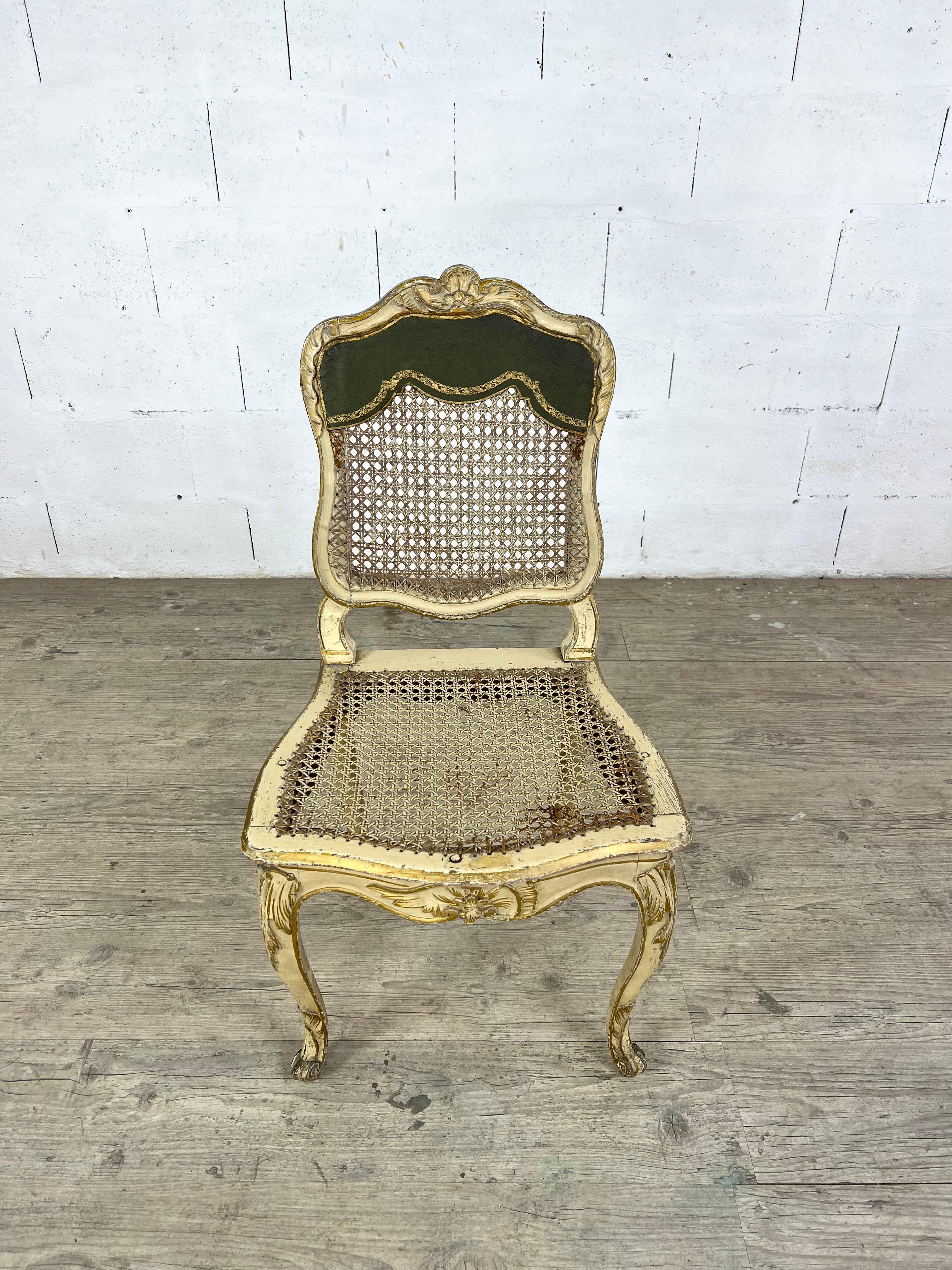 French Louis XV Gilded Wood Chair – Cane Back and Leather Seat, 18th Century For Sale