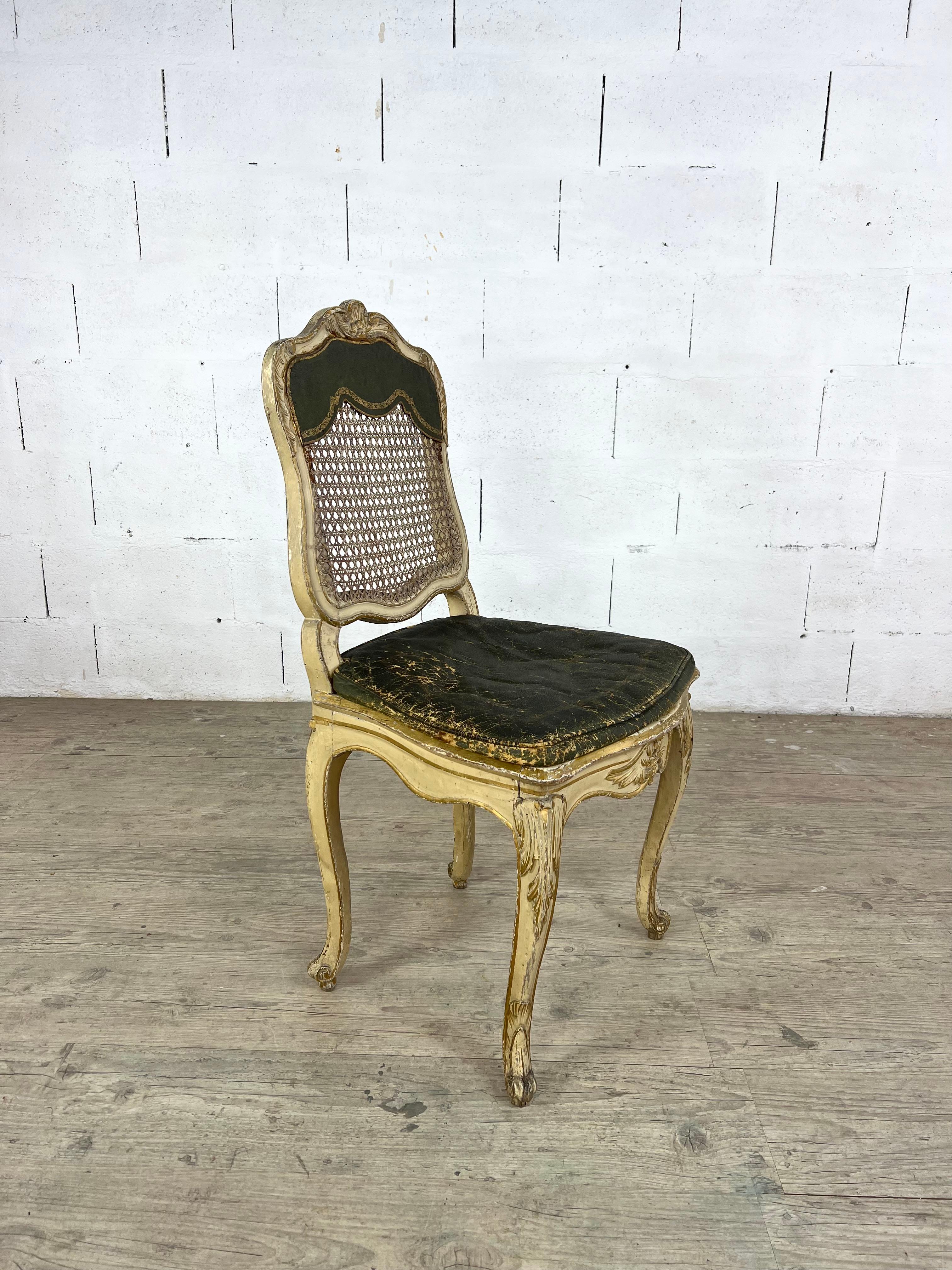 Hand-Crafted Louis XV Gilded Wood Chair – Cane Back and Leather Seat, 18th Century For Sale