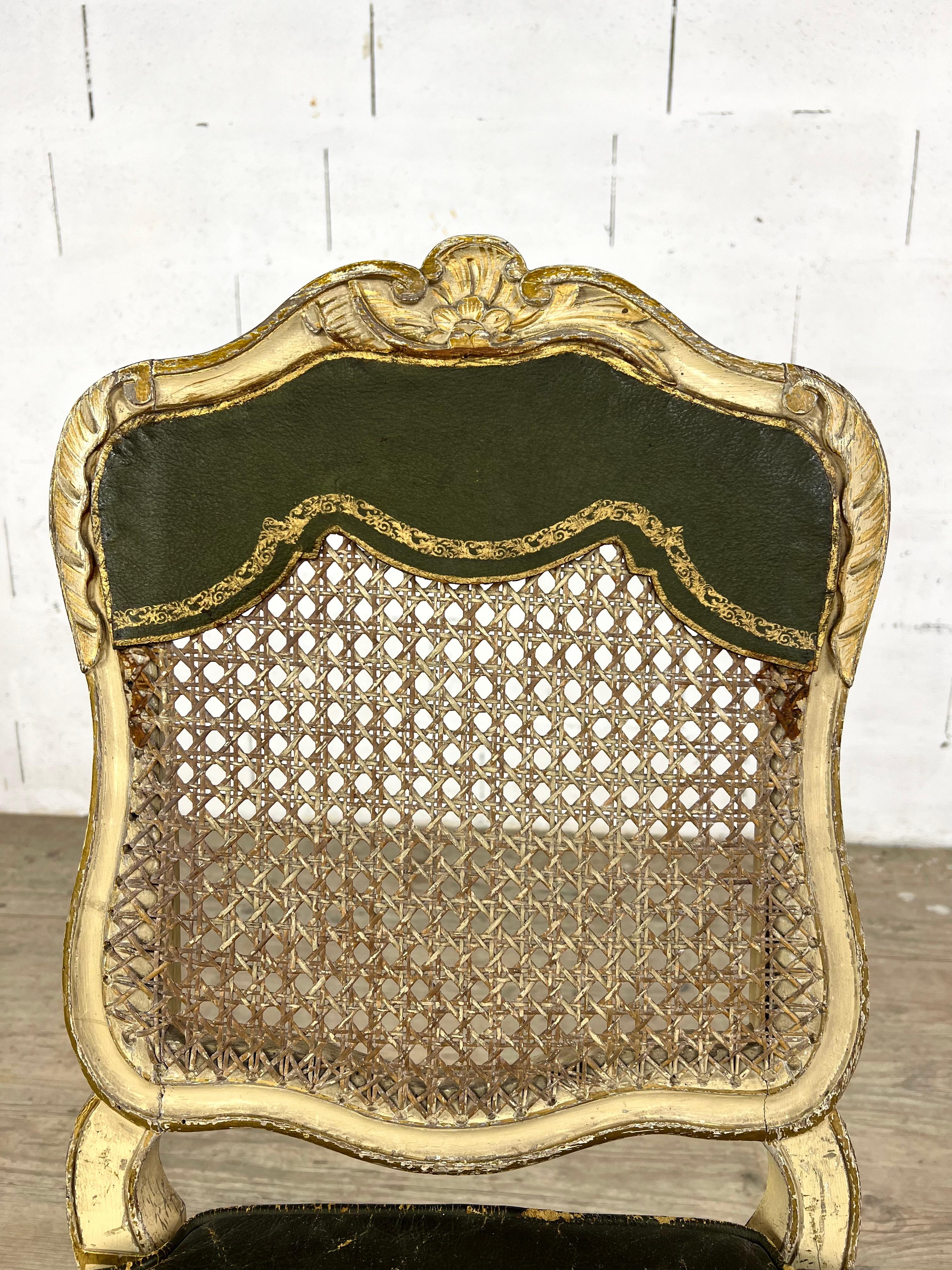 Louis XV Gilded Wood Chair – Cane Back and Leather Seat, 18th Century For Sale 1