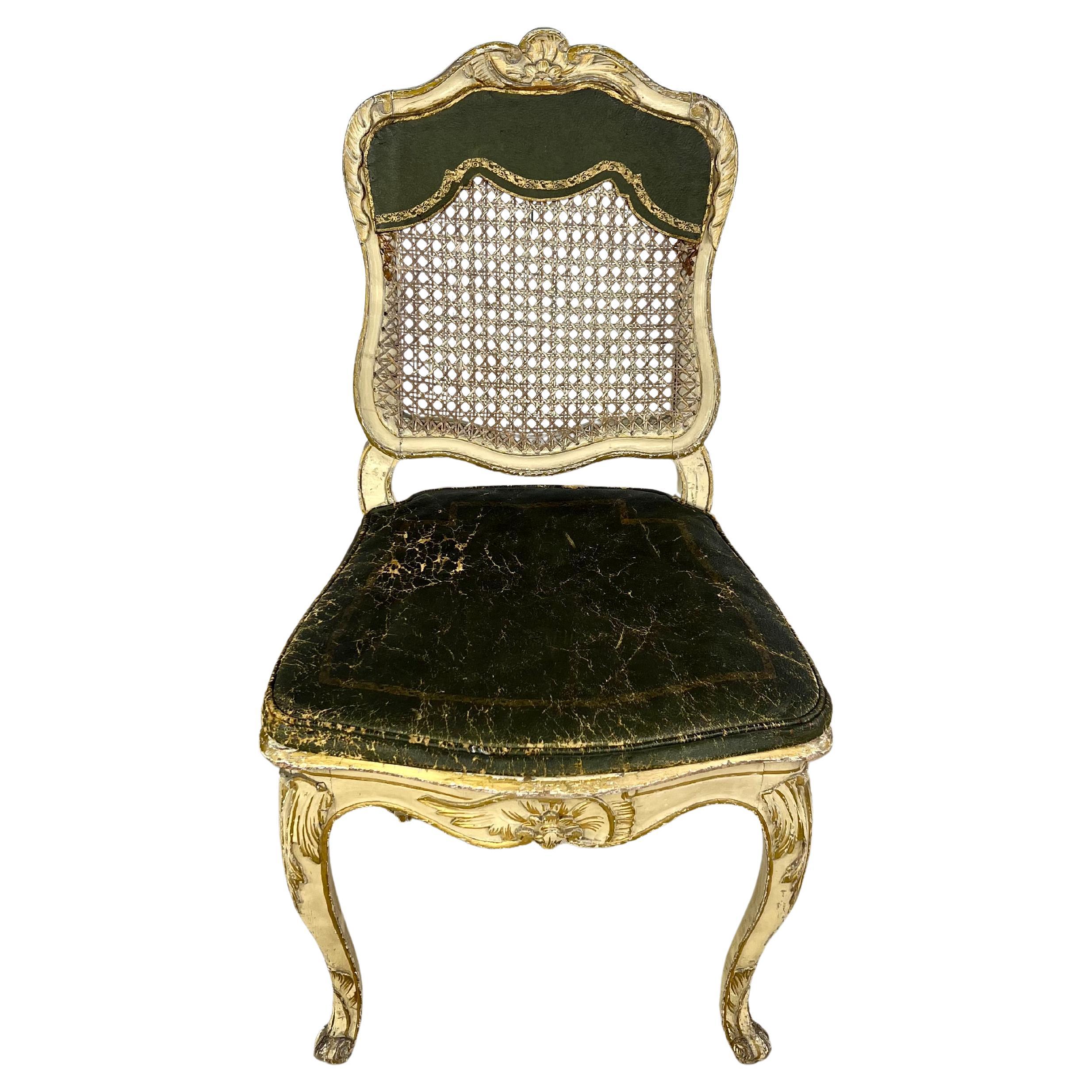 Louis XV Gilded Wood Chair – Cane Back and Leather Seat, 18th Century For Sale