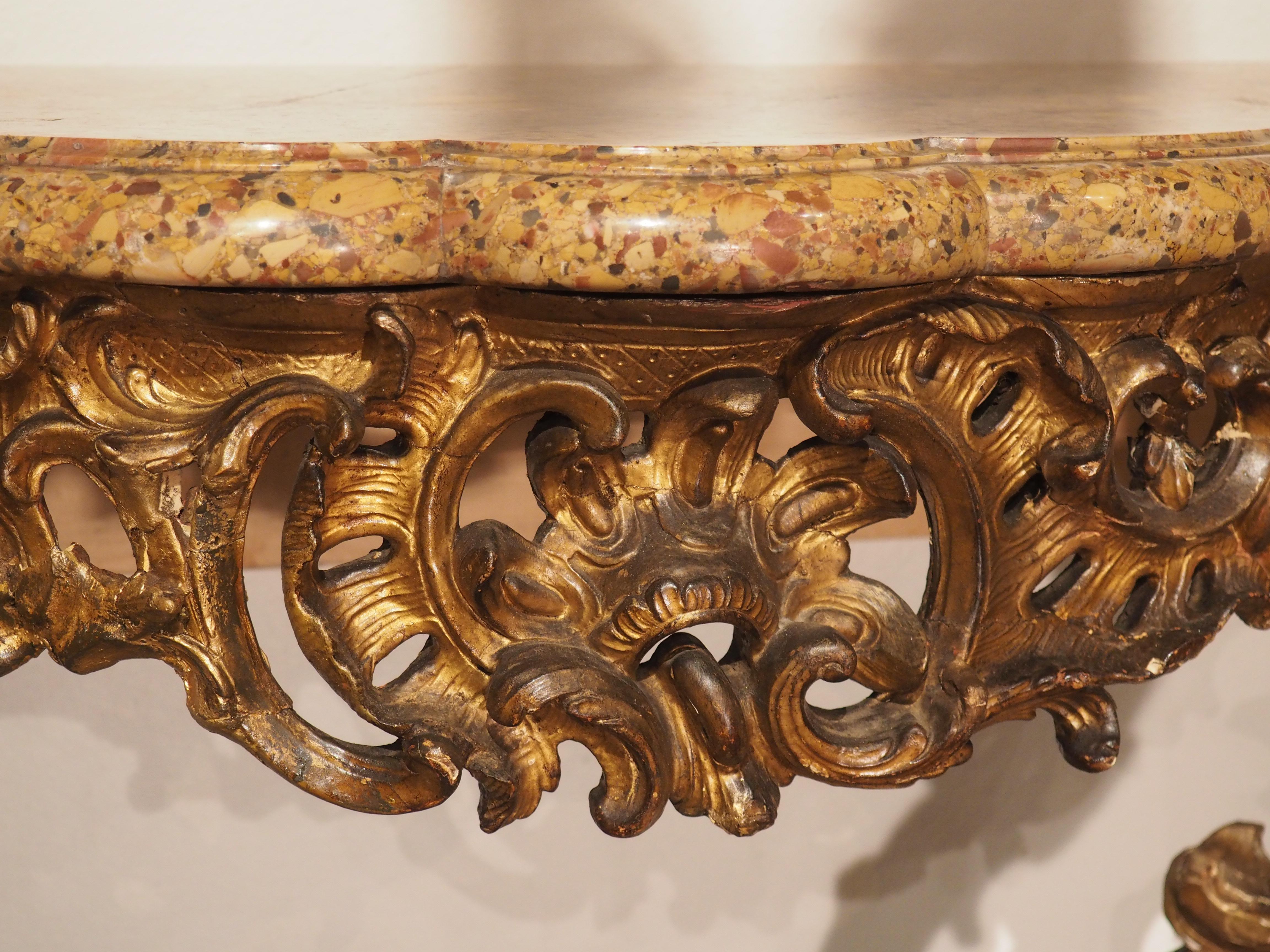 Mid-18th Century Louis XV Giltwood and Breche D'alep Marble Console Table from France, Circa 1750 For Sale