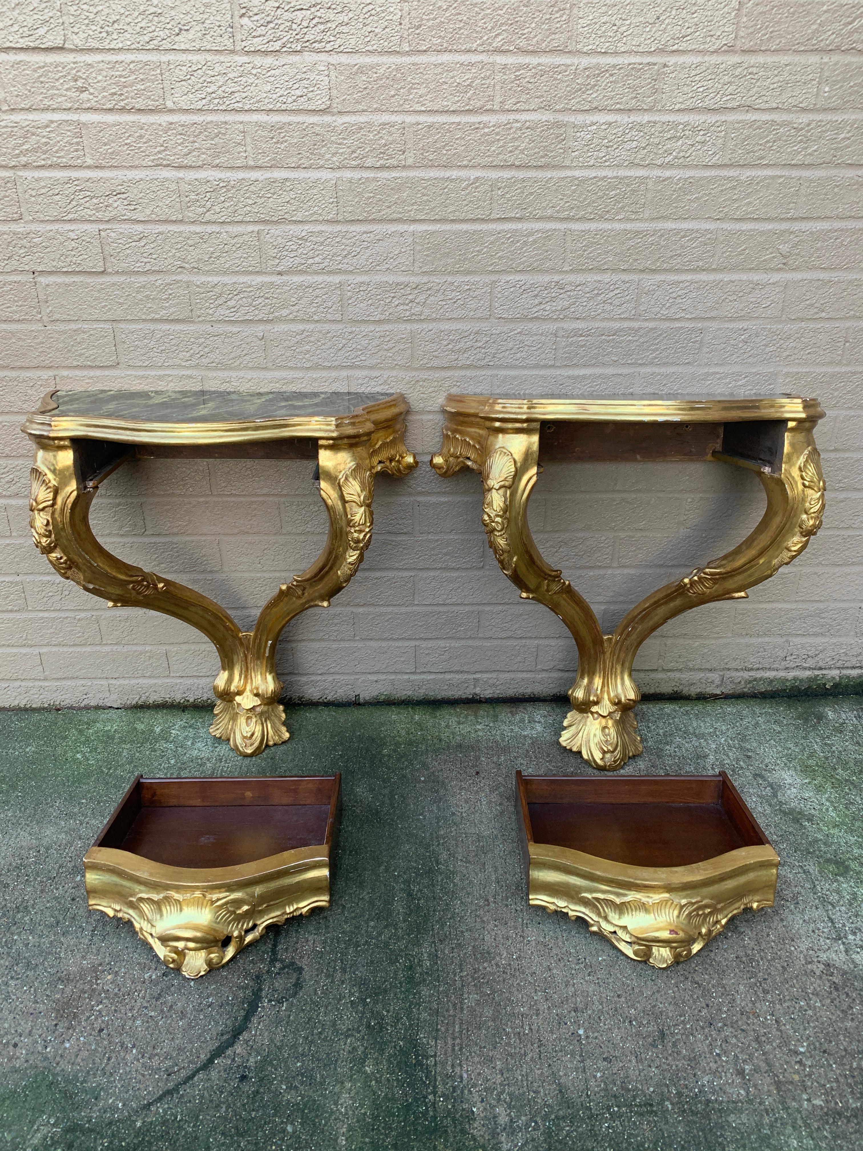 Louis XV Giltwood and Faux Marble Wall Mounted Bedside Tables, Pair For Sale 7