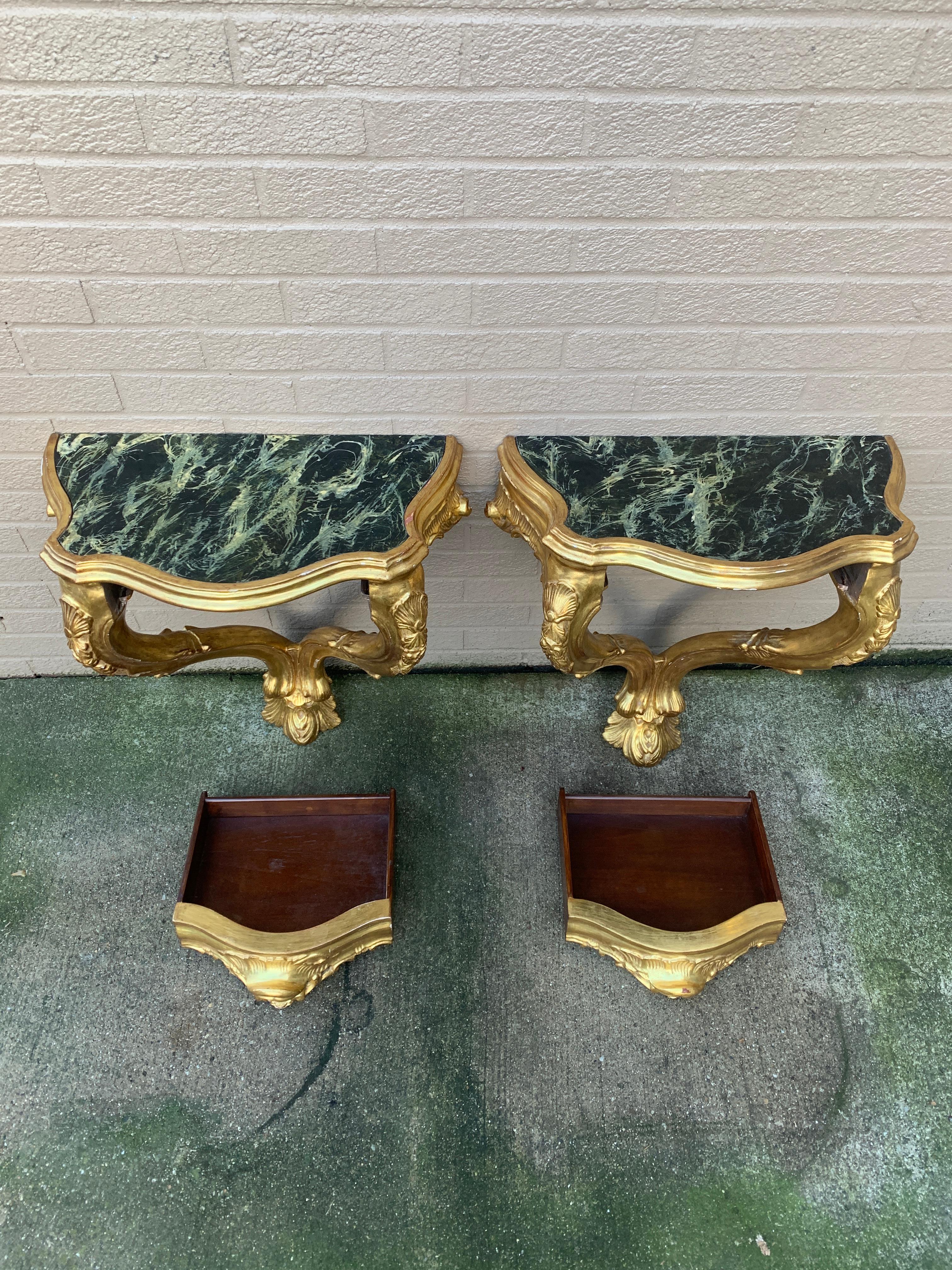 Louis XV Giltwood and Faux Marble Wall Mounted Bedside Tables, Pair For Sale 8