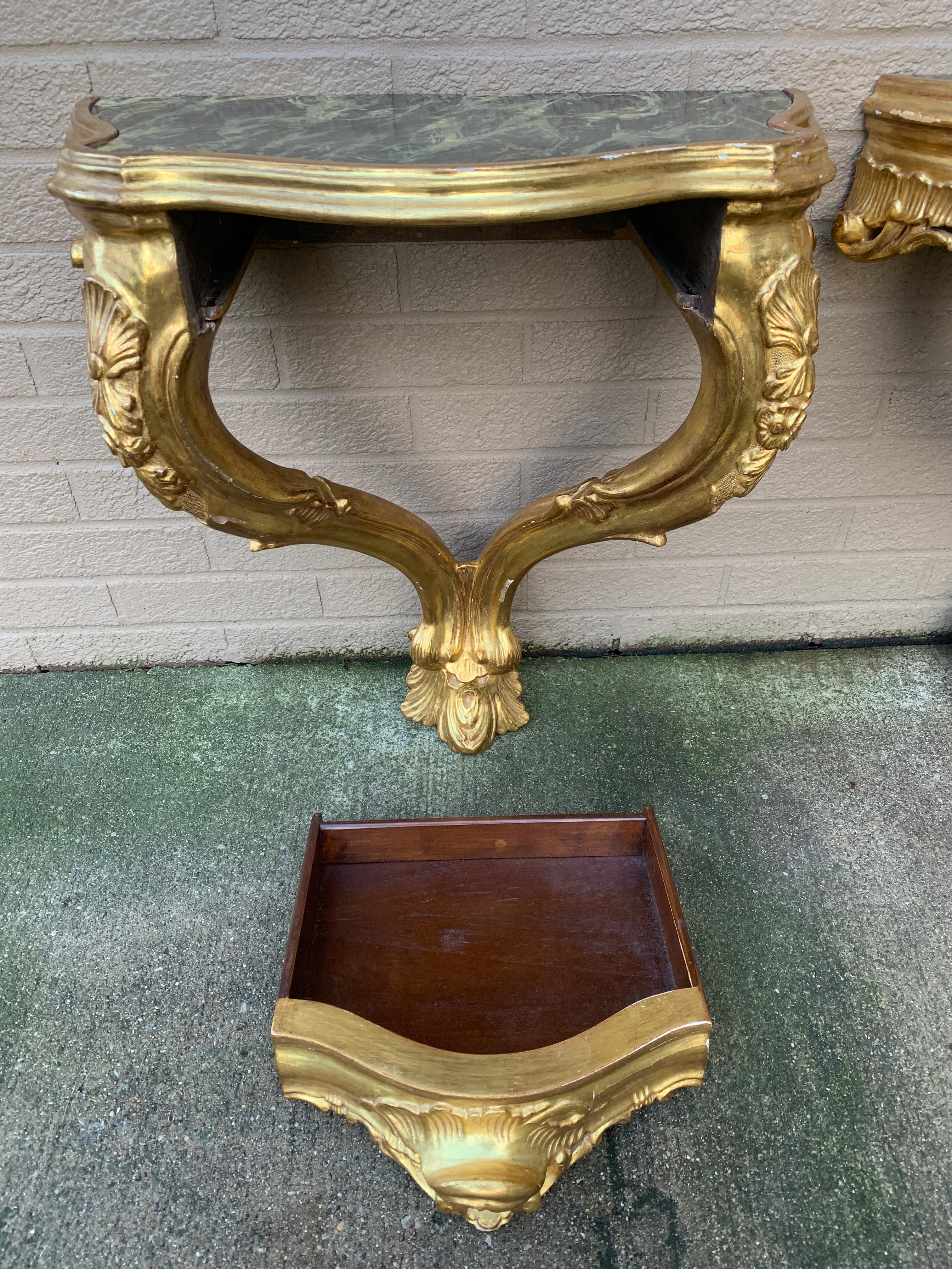 Louis XV Giltwood and Faux Marble Wall Mounted Bedside Tables, Pair For Sale 9