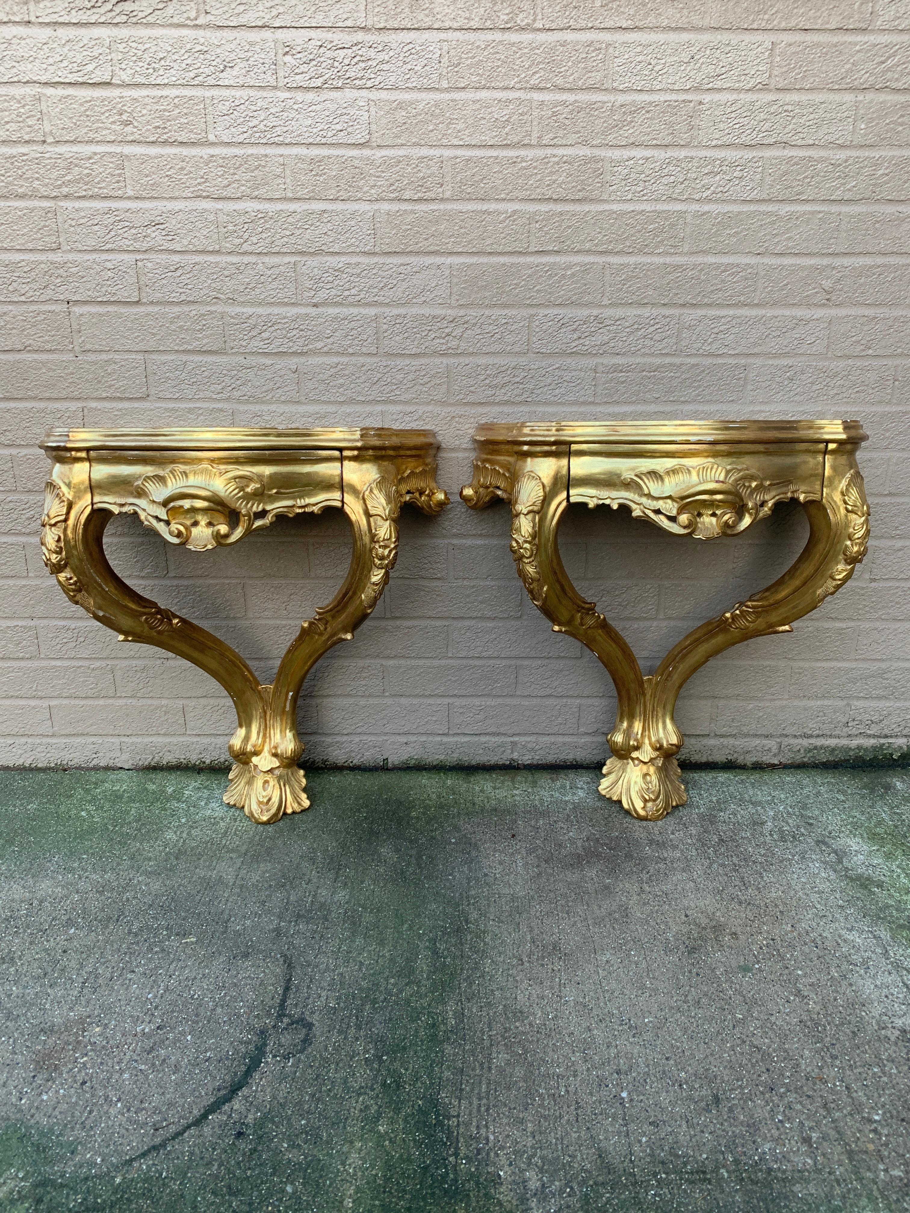 Italian Louis XV Giltwood and Faux Marble Wall Mounted Bedside Tables, Pair For Sale