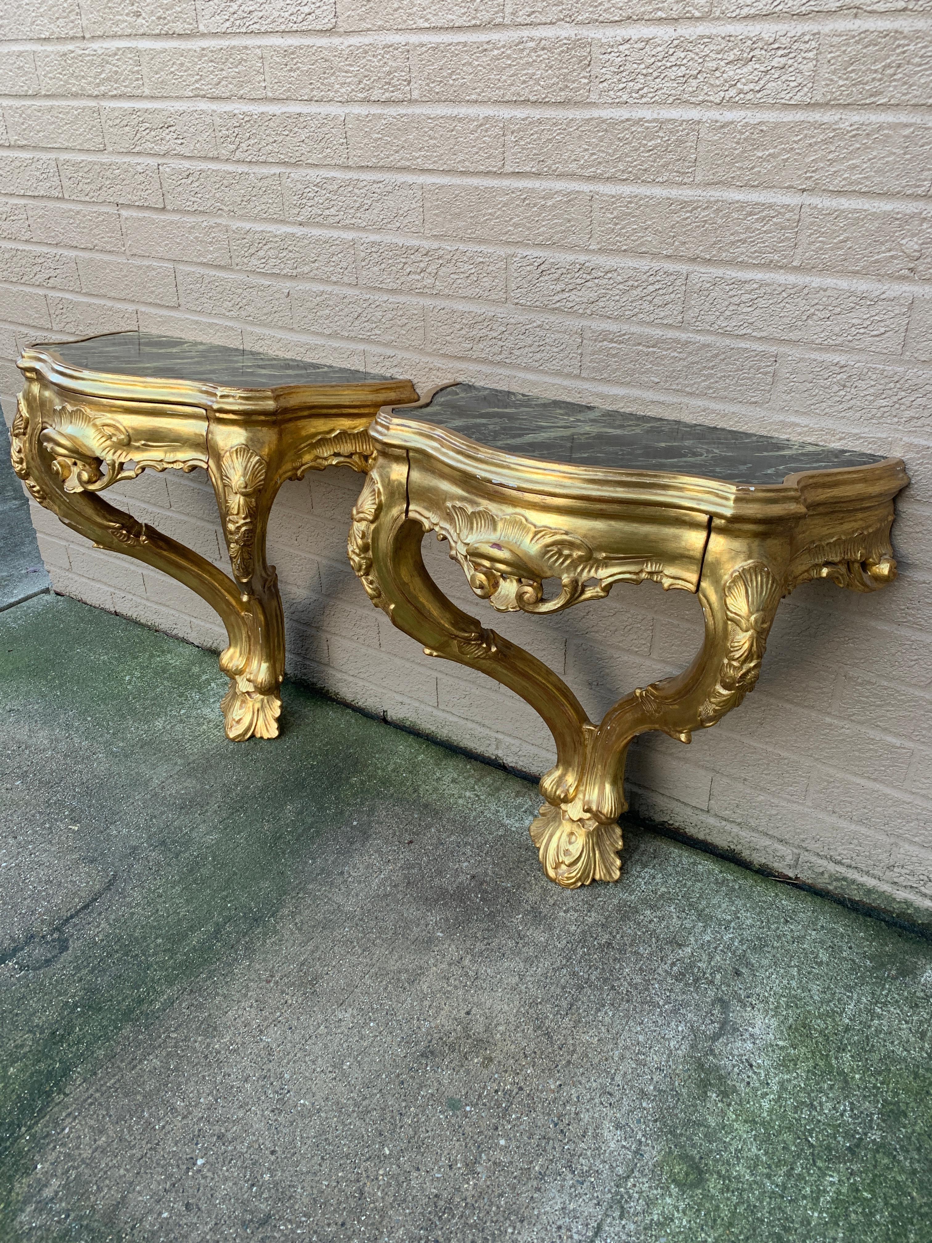 Louis XV Giltwood and Faux Marble Wall Mounted Bedside Tables, Pair In Good Condition For Sale In Elkhart, IN