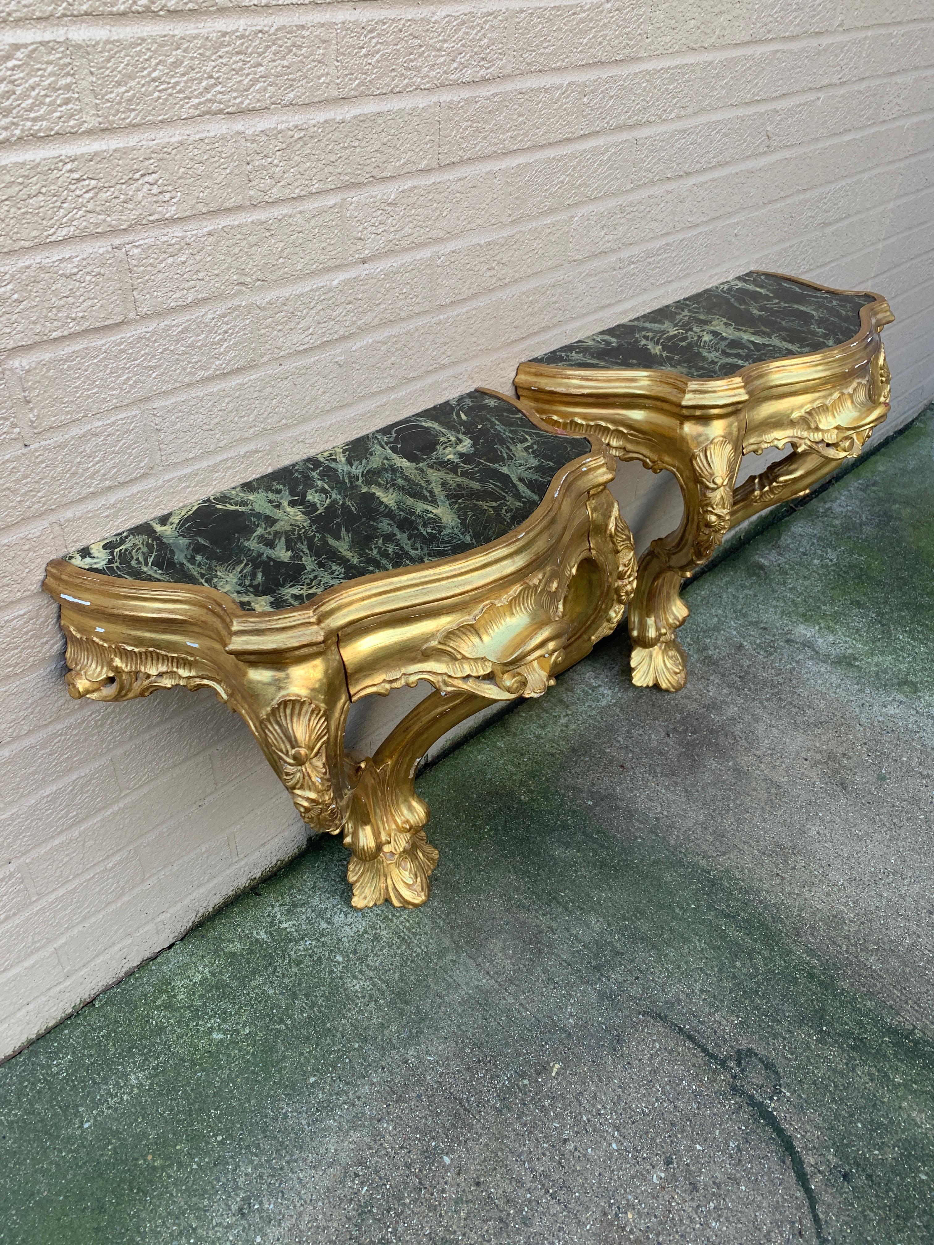 20th Century Louis XV Giltwood and Faux Marble Wall Mounted Bedside Tables, Pair For Sale