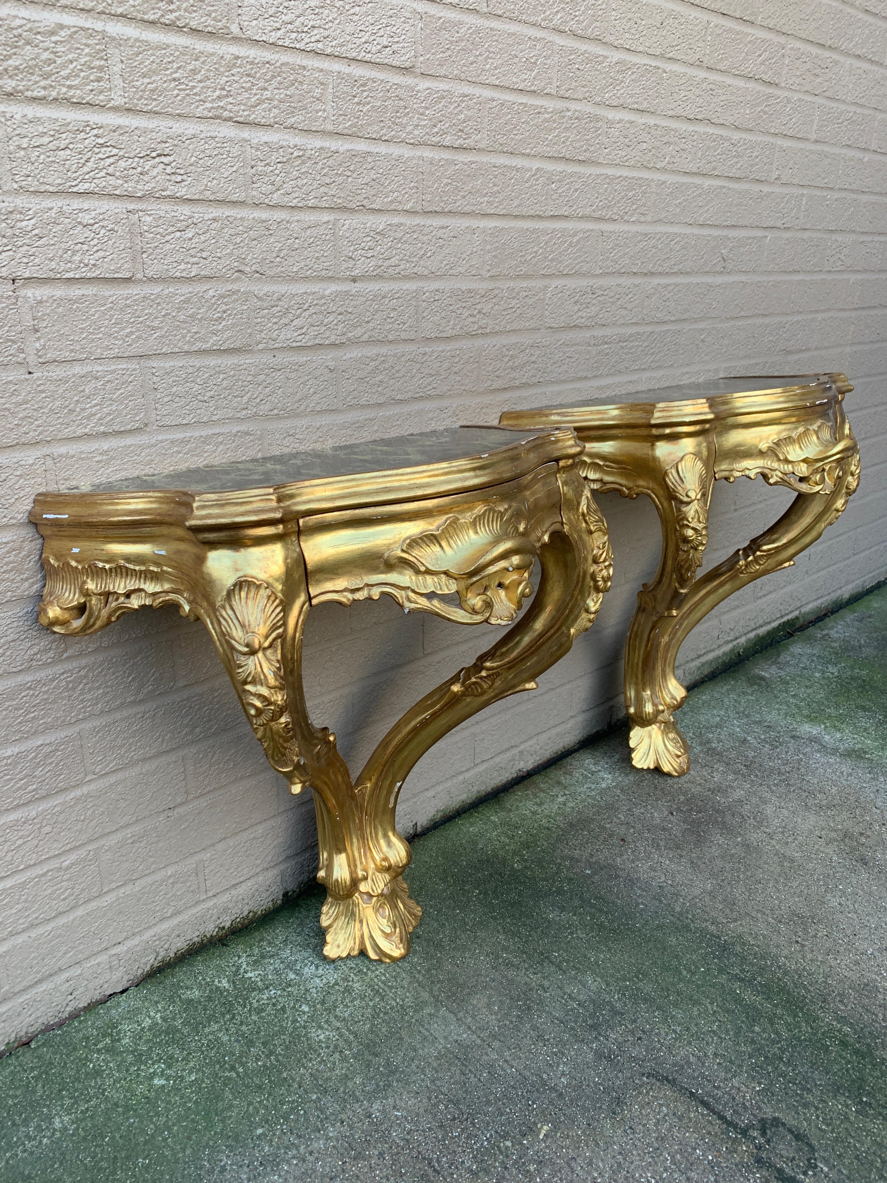 Louis XV Giltwood and Faux Marble Wall Mounted Bedside Tables, Pair For Sale 1