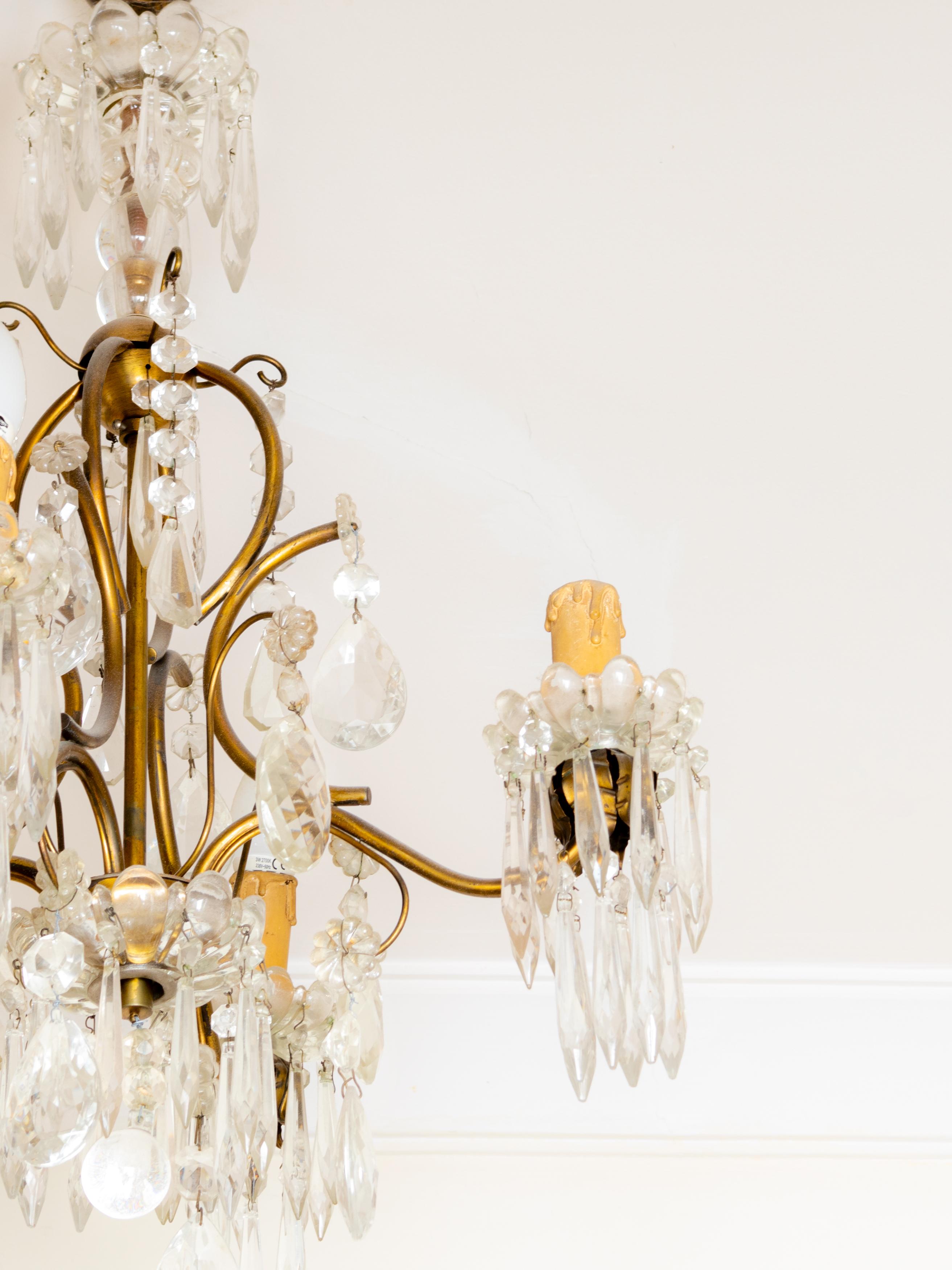 Metallo Lampadario a sospensione in vetro Luigi XV, quattro bracci, XIX secolo in vendita