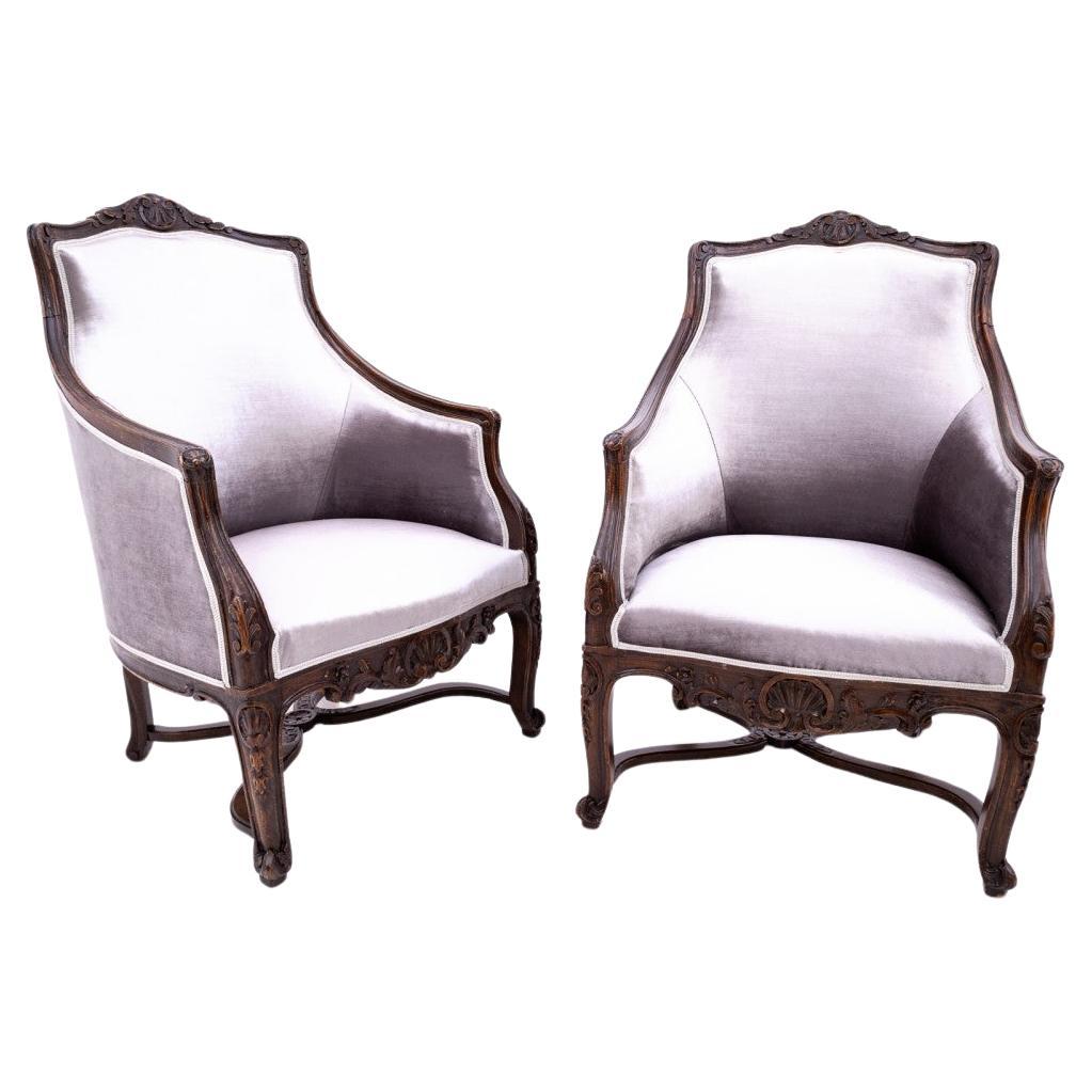 Fauteuils gris Louis XV, France, vers 1890. Restauré.