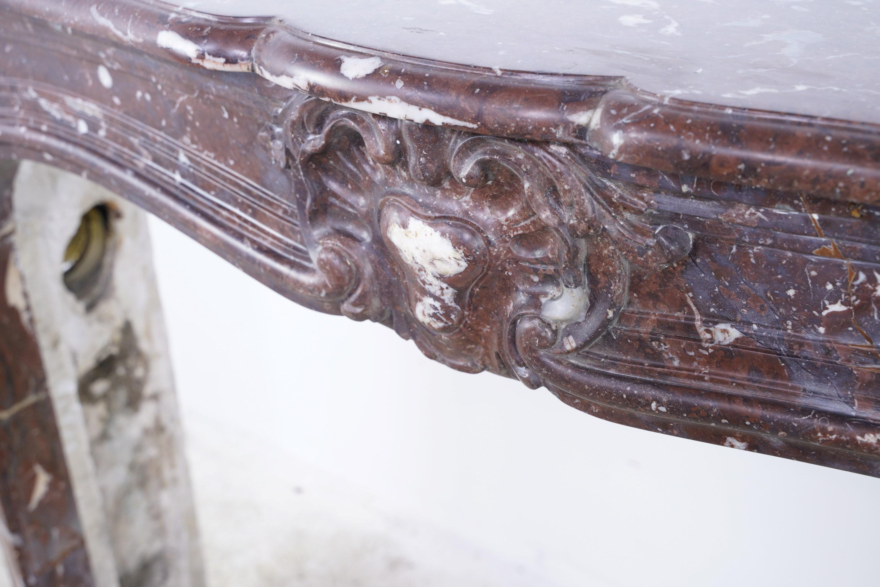 Louis XV Hand Carved French Marble Mantel Rouge Royale  For Sale 8