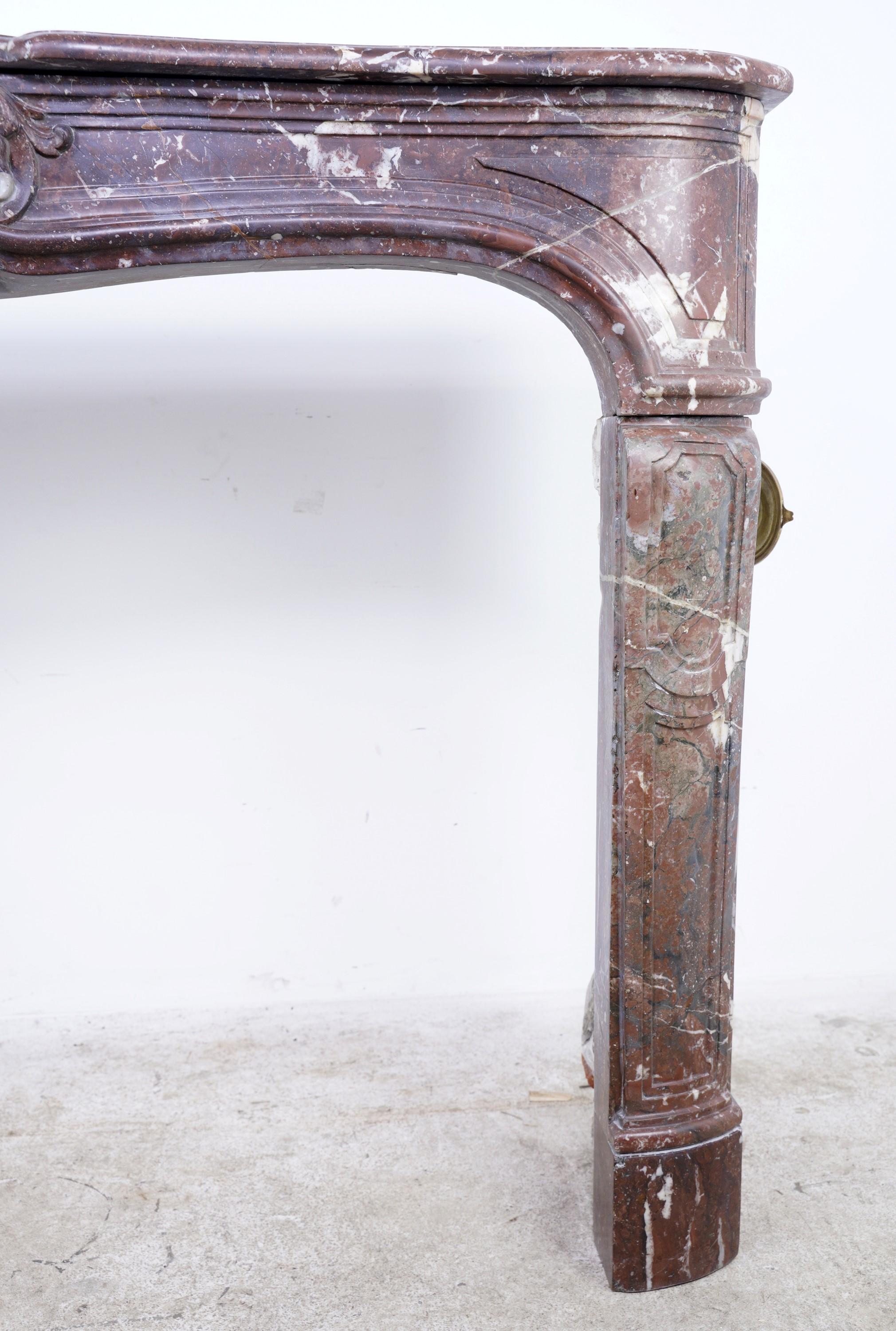 Louis XV Hand Carved French Marble Mantel Rouge Royale  In Good Condition For Sale In New York, NY