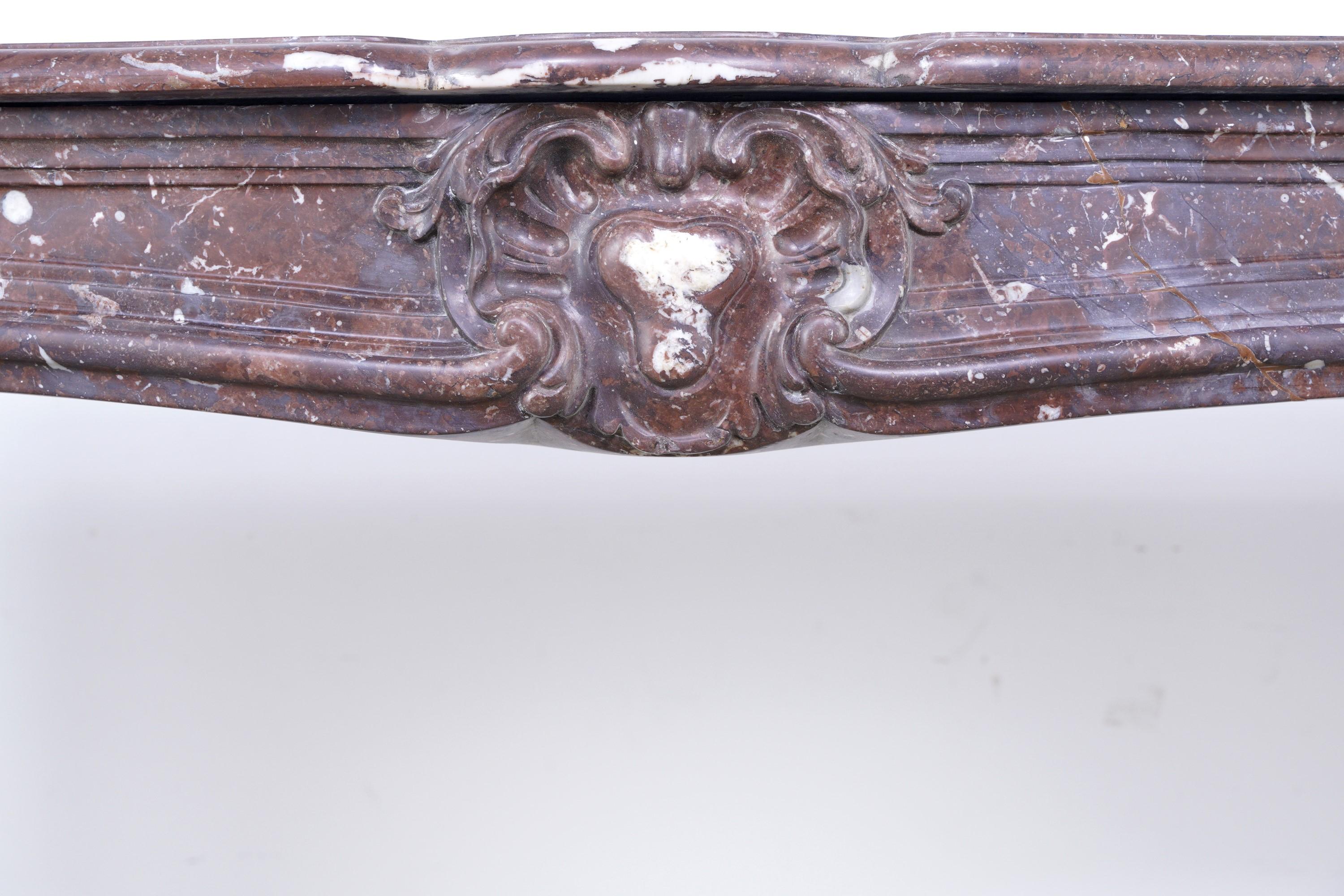 20th Century Louis XV Hand Carved French Marble Mantel Rouge Royale  For Sale