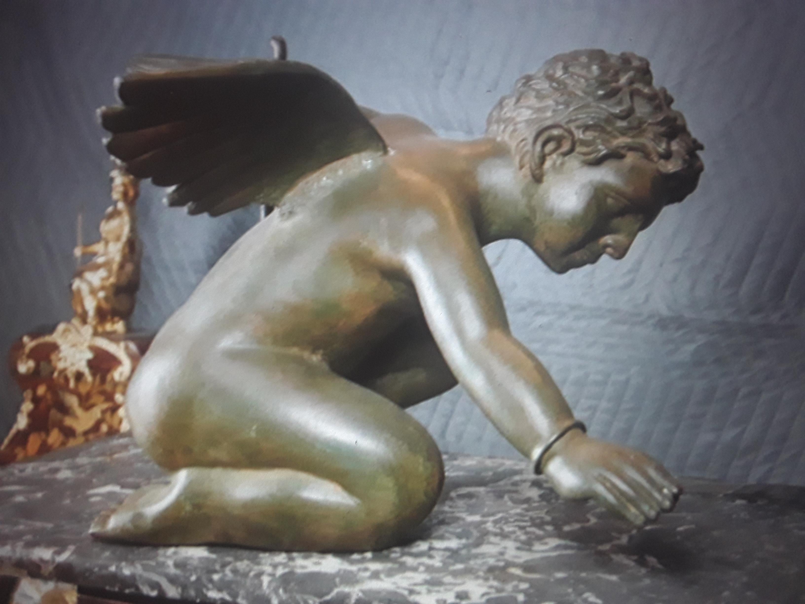 American Louis XV Huge Verdigris Bronze Signed Nishan Toor Nude Cherub Sculpture / Putti For Sale