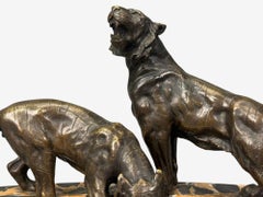 Art Deco, Inkwell Desk Set, Pen Holder, Marble, Bronze Panthers, 1920s