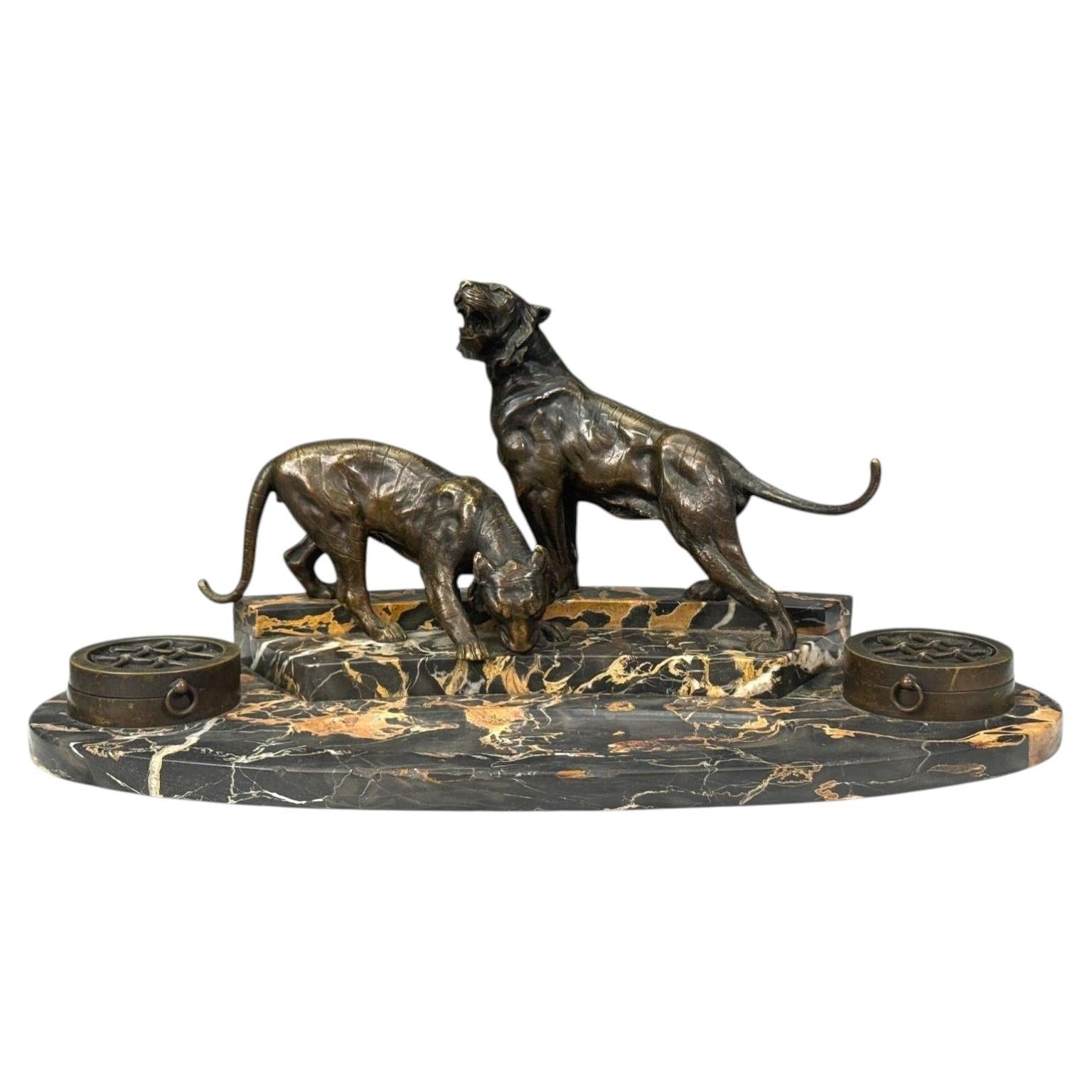 Art Deco, Inkwell Desk Set, Pen Holder, Marble, Bronze Panthers, 1920s For Sale