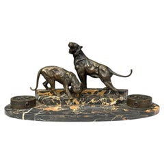 Art Deco, Inkwell Desk Set, Pen Holder, Marble, Bronze Panthers, 1920s