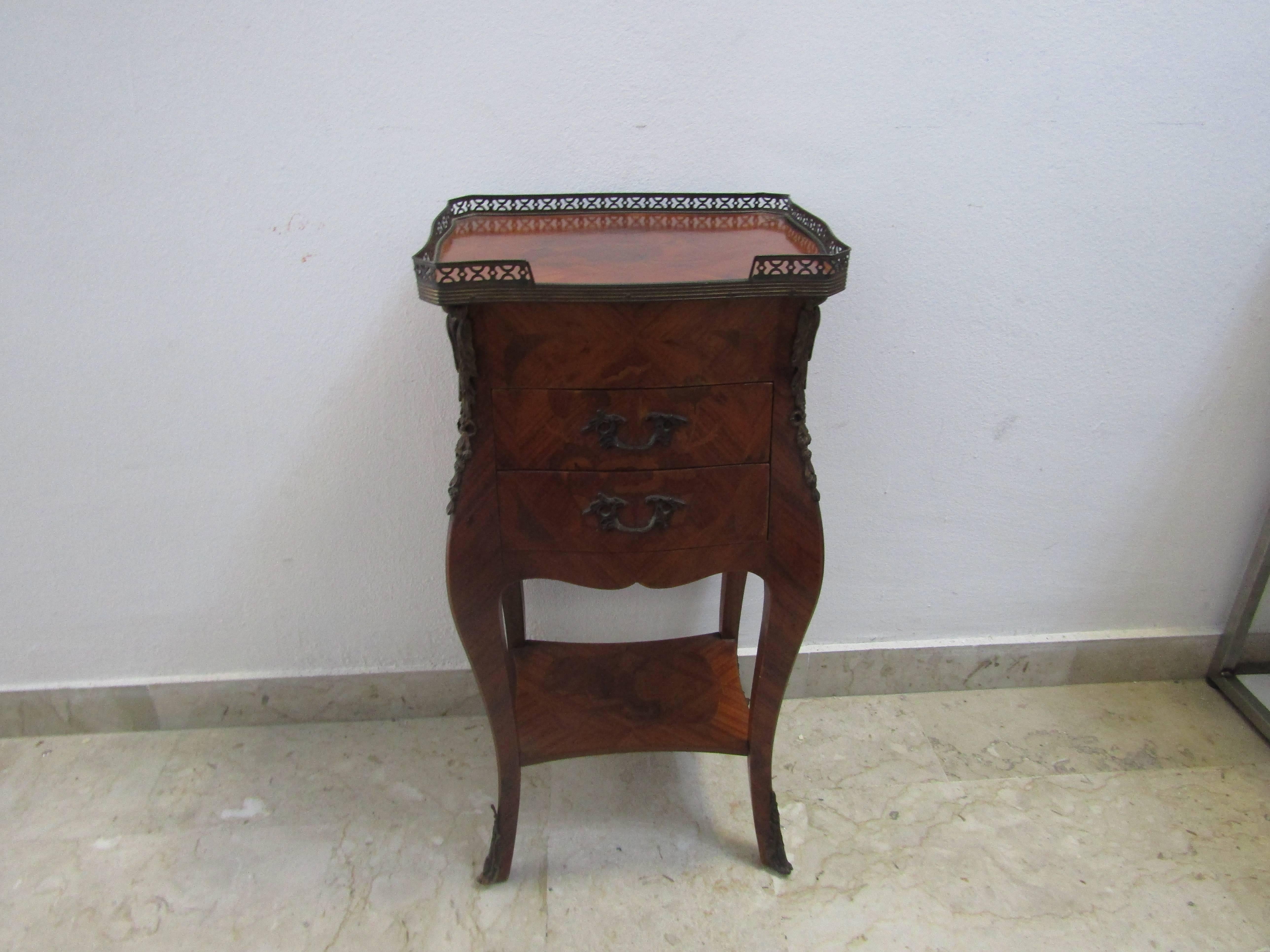 French Louis XV Inlaid Bedside Table in Bois De Rose with Gilded and Chiselled Bronzes,