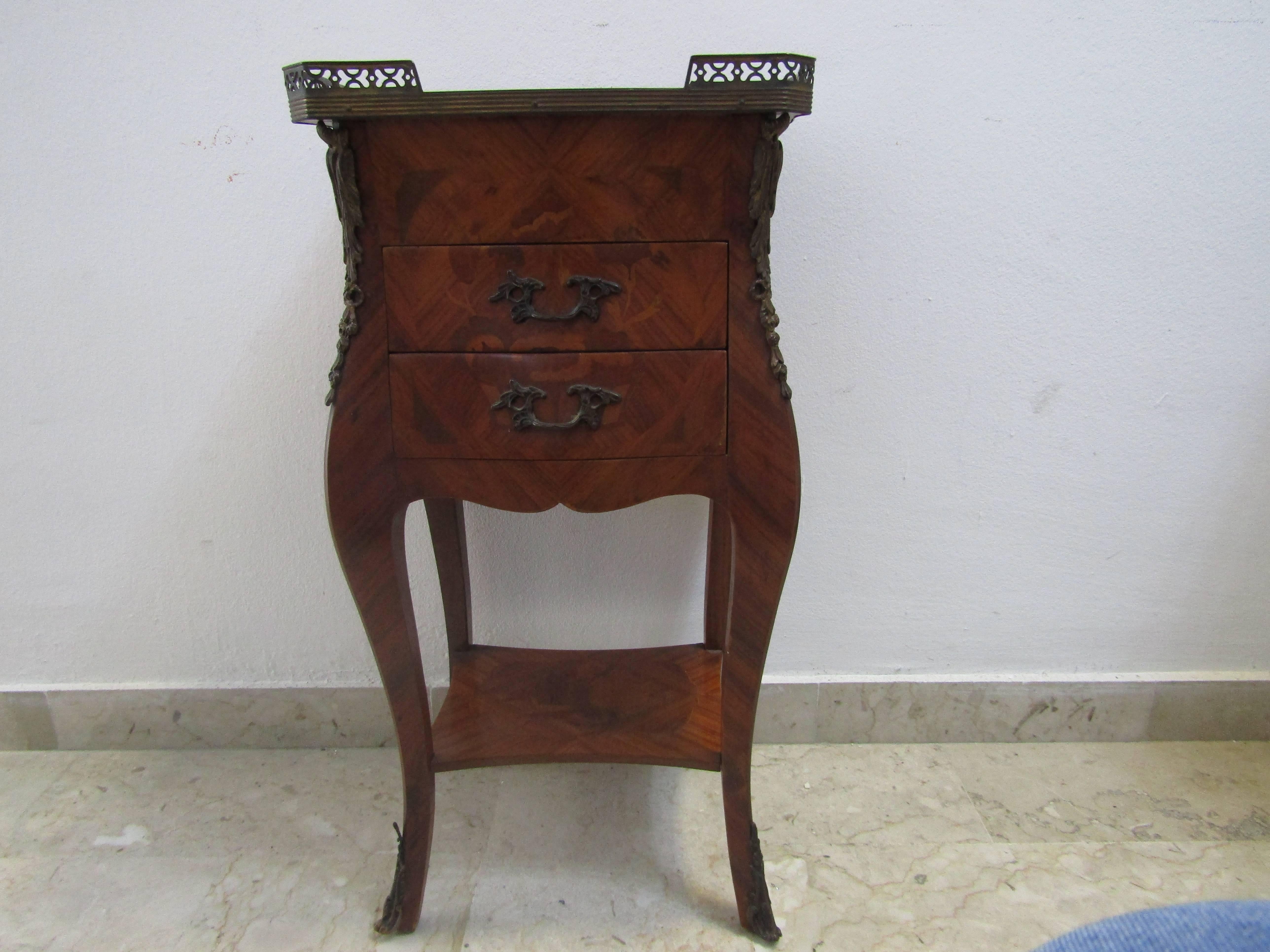 Hand-Crafted Louis XV Inlaid Bedside Table in Bois De Rose with Gilded and Chiselled Bronzes,