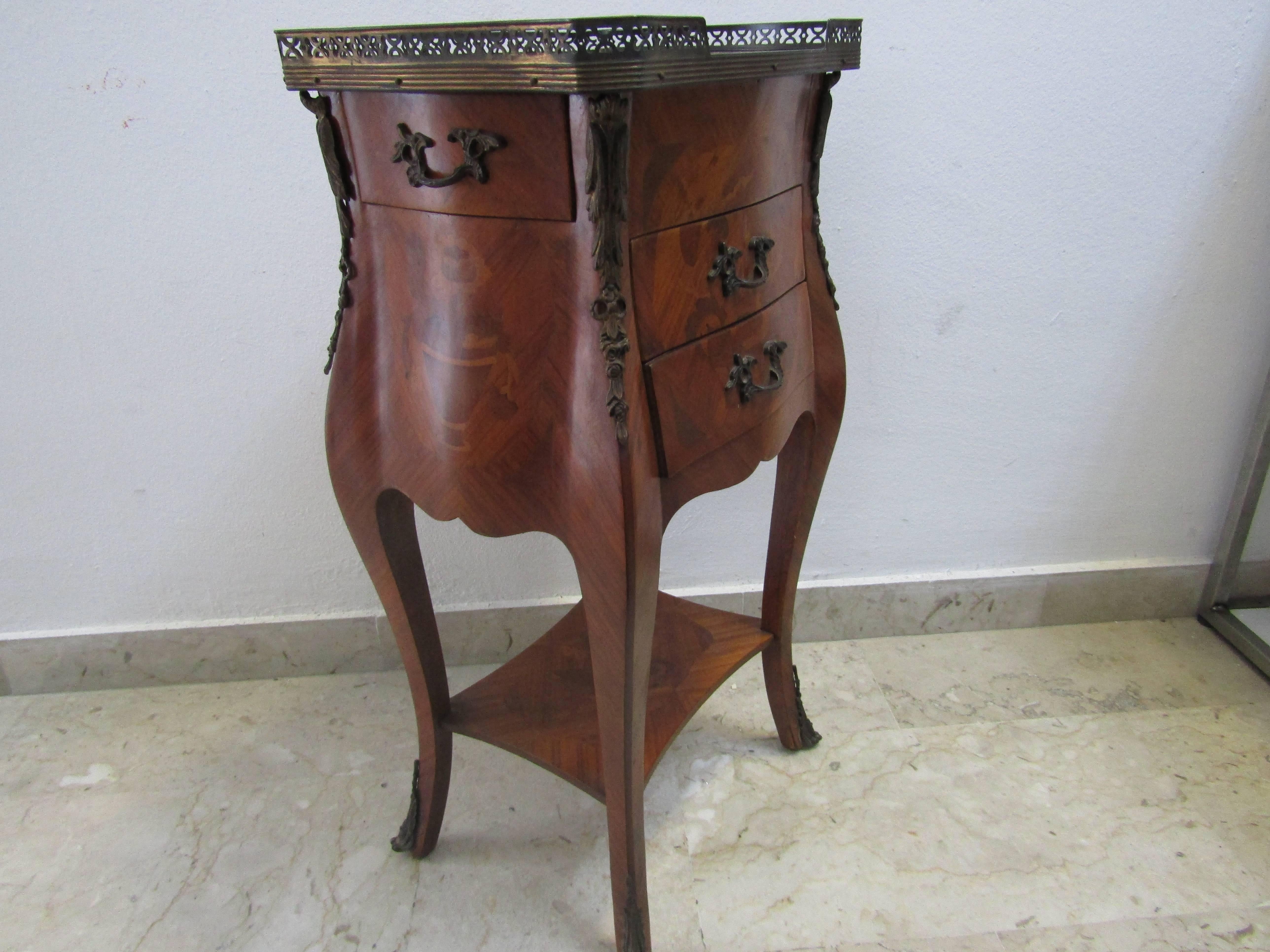Mid-20th Century Louis XV Inlaid Bedside Table in Bois De Rose with Gilded and Chiselled Bronzes,