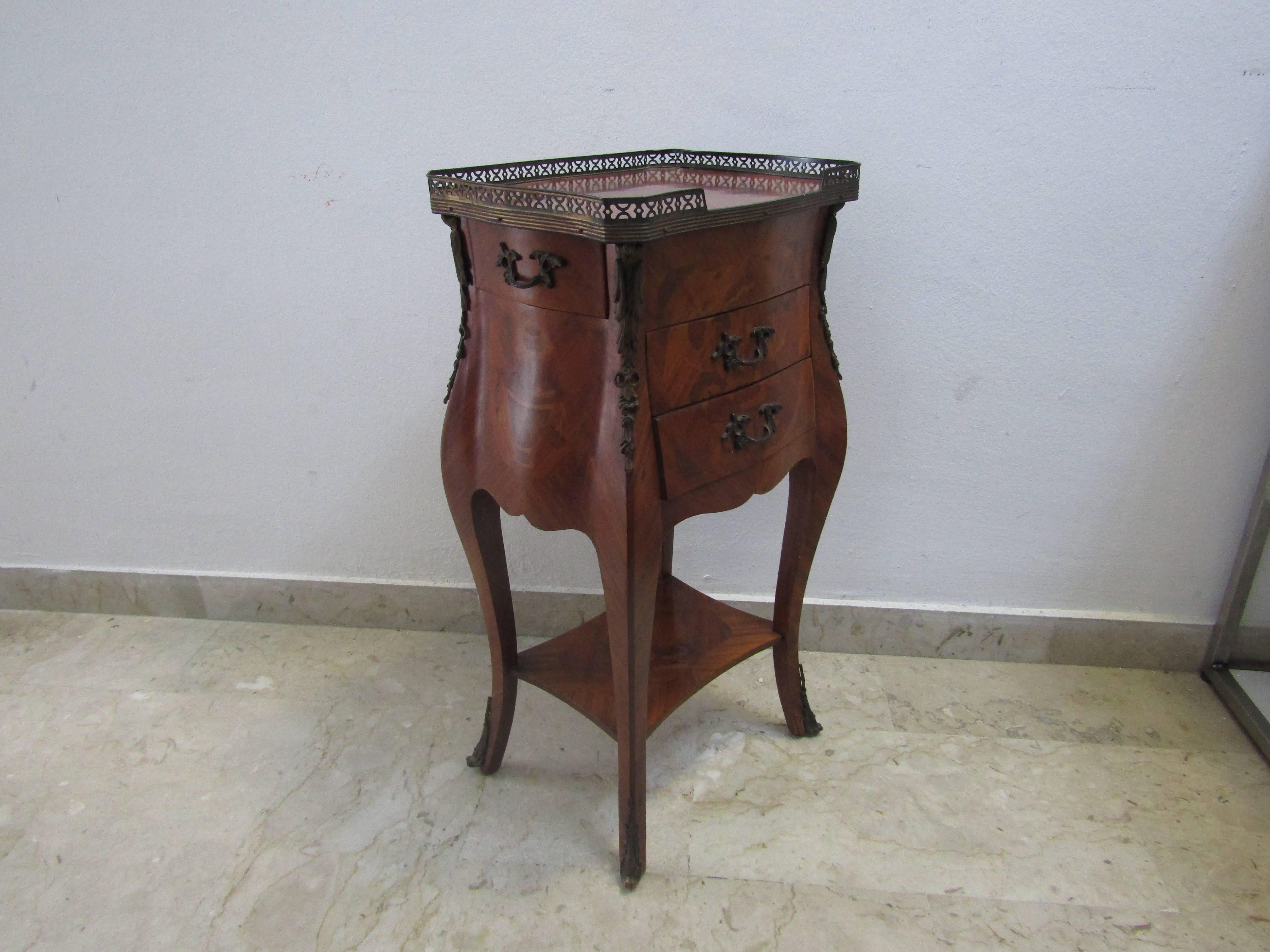 Hardwood Louis XV Inlaid Bedside Table in Bois De Rose with Gilded and Chiselled Bronzes,