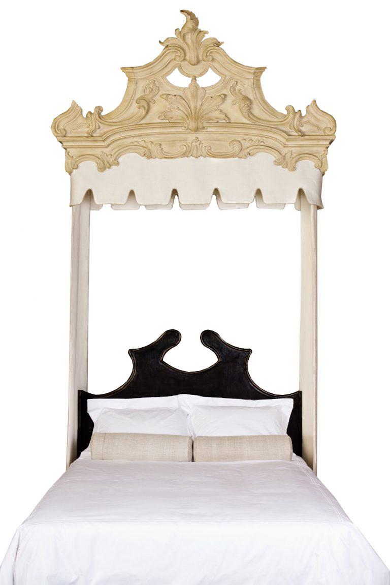 This beautiful Louis XIV-style iron headboard is part of the custom Tara Shaw Maison collection. Handcrafted in New Orleans. Available in King, Queen and twin sizes. 

Custom dimensions, finish and upholstery available for additional fee. Due to
