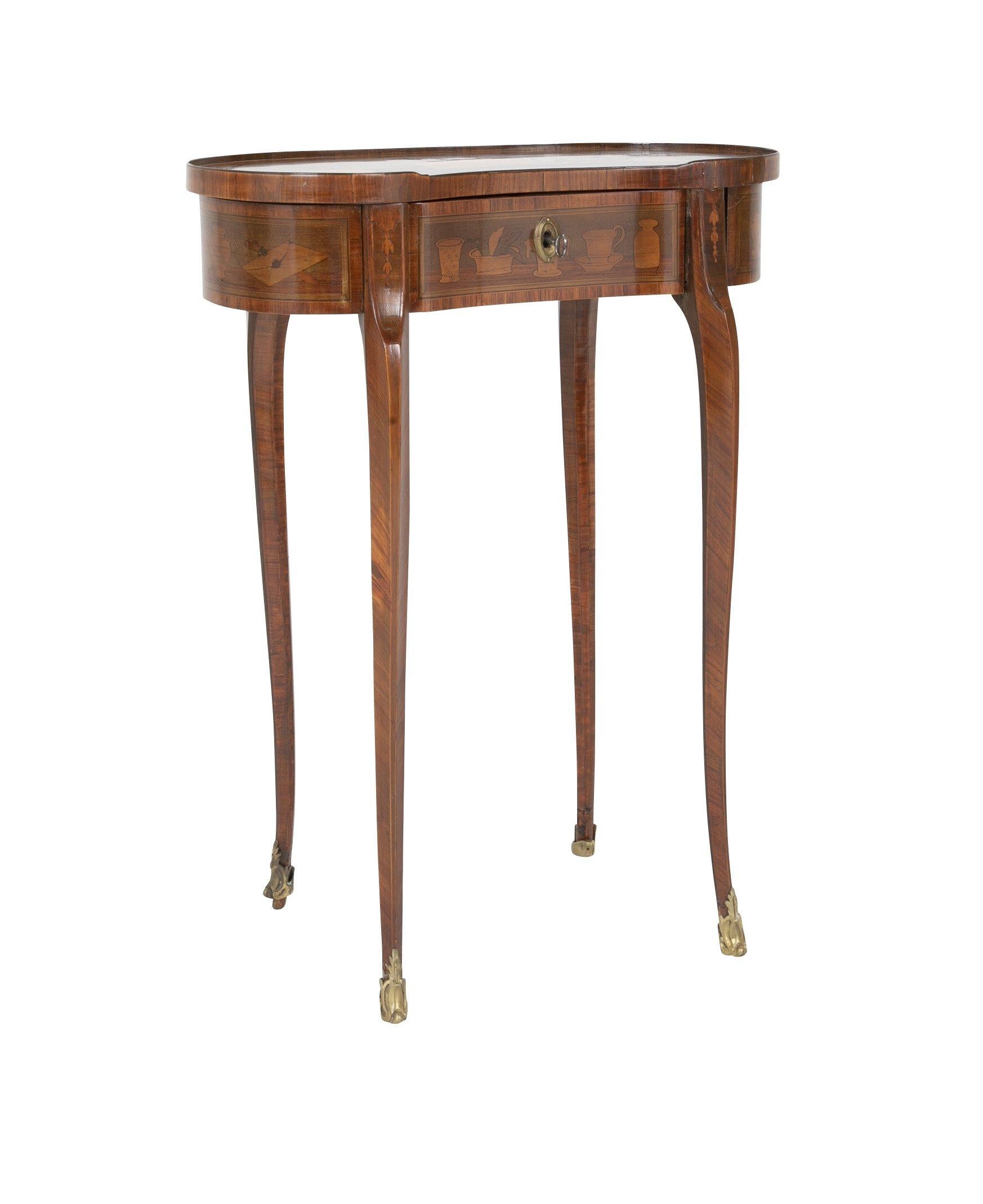 Unusual Louis XV kidney form marquetry table with mechanical side drawers after Charles Topino, circa 1770s.