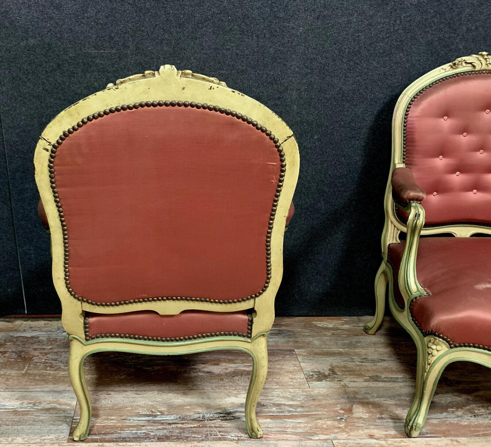 Louis XV Lacquered Wood Salon Furniture Set with 4 Armchairs and 2 Chairs -1X01 In Good Condition For Sale In Bordeaux, FR