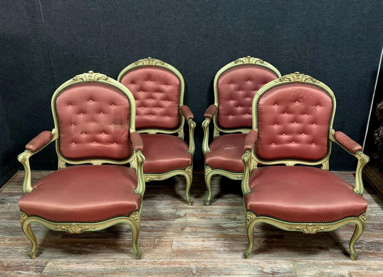Mid-19th Century Louis XV Lacquered Wood Salon Furniture Set with 4 Armchairs and 2 Chairs -1X01 For Sale