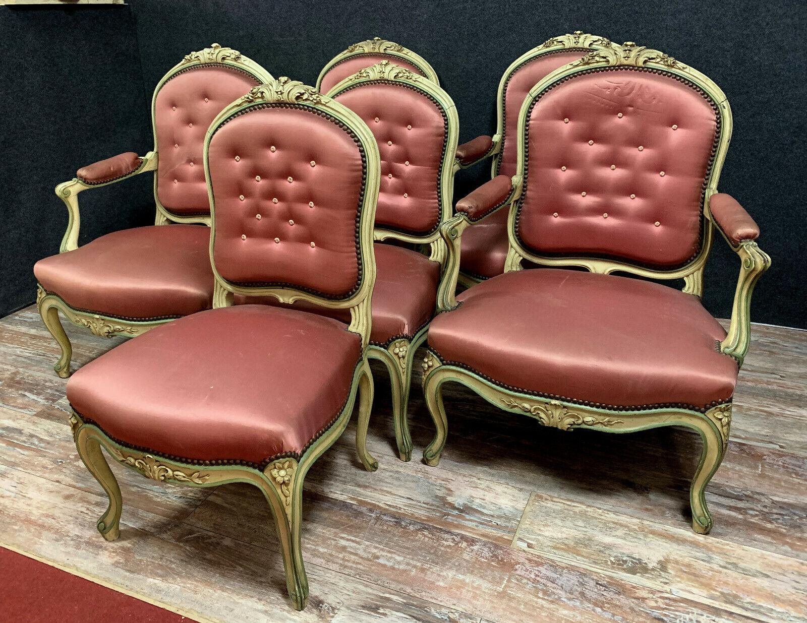 Louis XV Lacquered Wood Salon Furniture Set with 4 Armchairs and 2 Chairs -1X01 For Sale 2
