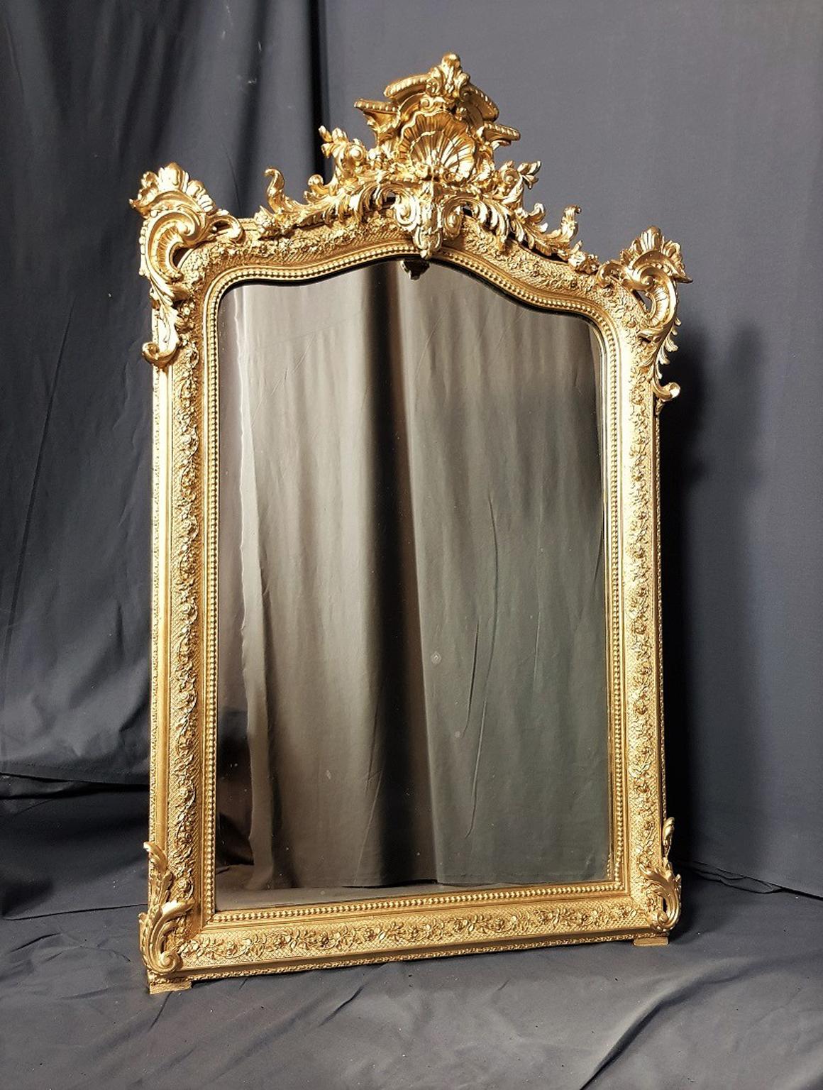 Mid-19th Century Louis XV Large Size Gilt Wall Mirror, France 1869
