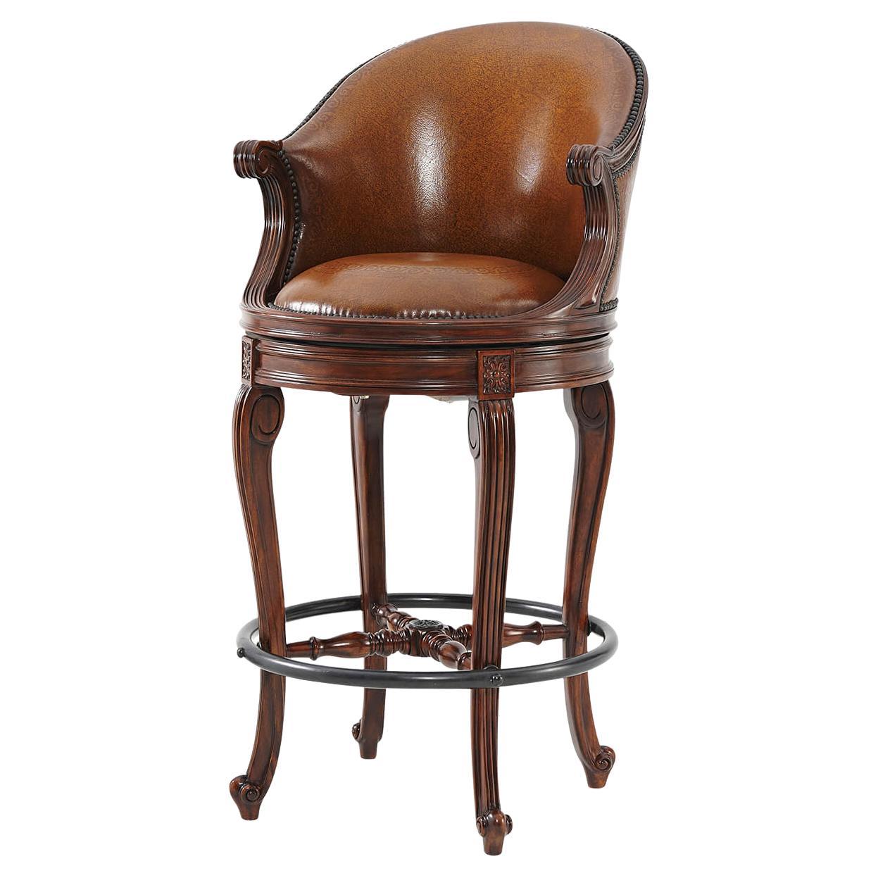 Louis XV Leather Swivel Bar Stool For Sale