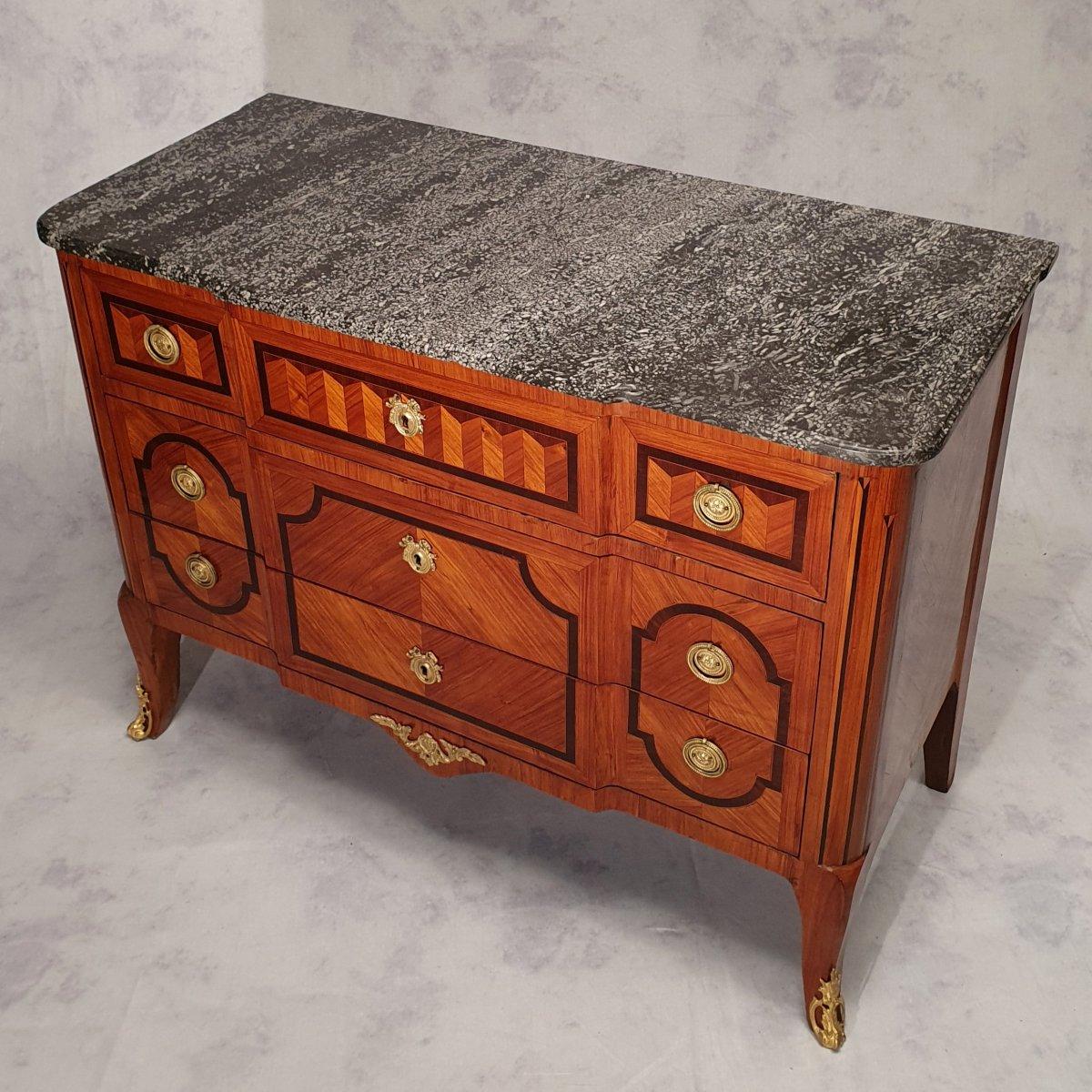 French Louis XV, Louis XVI Transition Commode, Geometric Marquetry, 19th, Rosewood