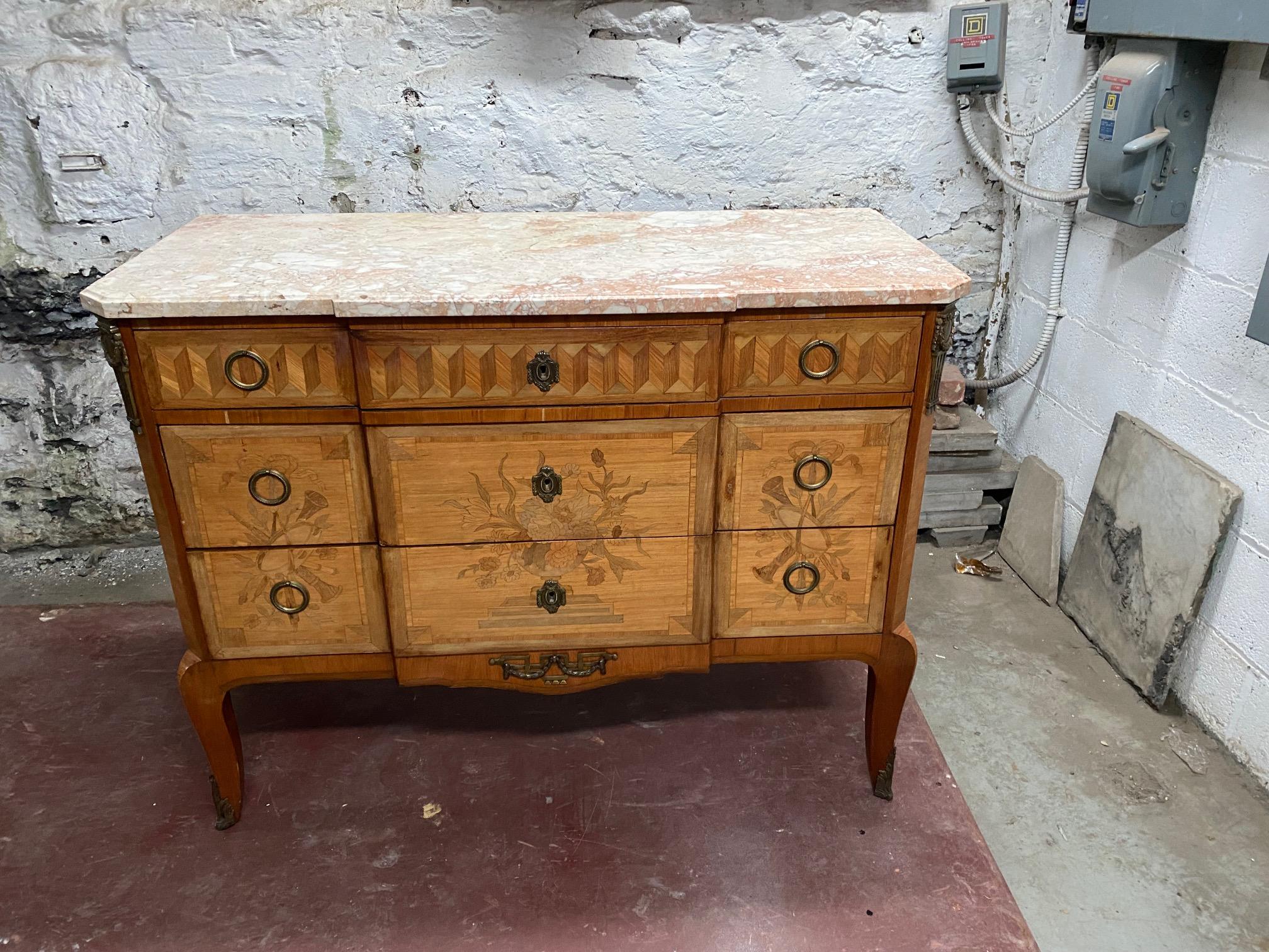 French Louis XV-Louis XVI Transition Style Marquetry Inlaid Commode For Sale