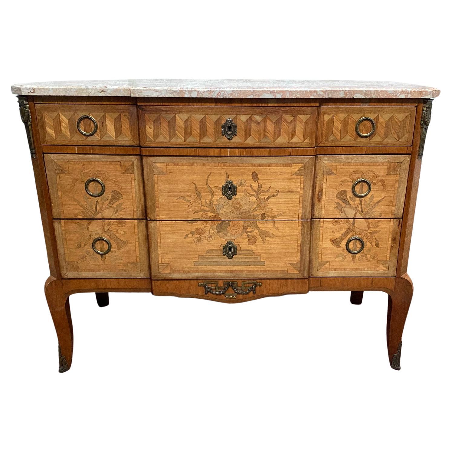 Louis XV-Louis XVI Transition Style Marquetry Inlaid Commode For Sale