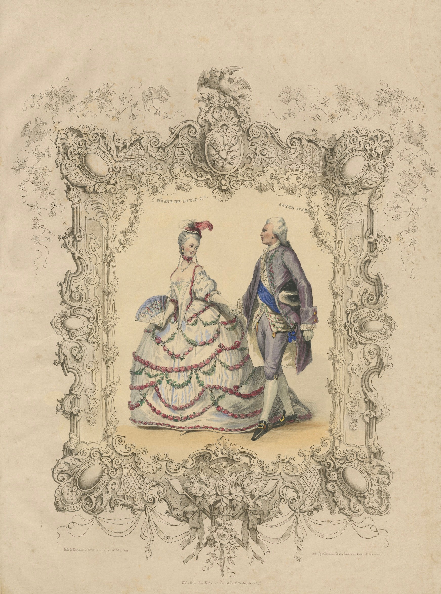 Louis XV & Madame de Pompadour Rococo Court Costume Lithograph, 1847