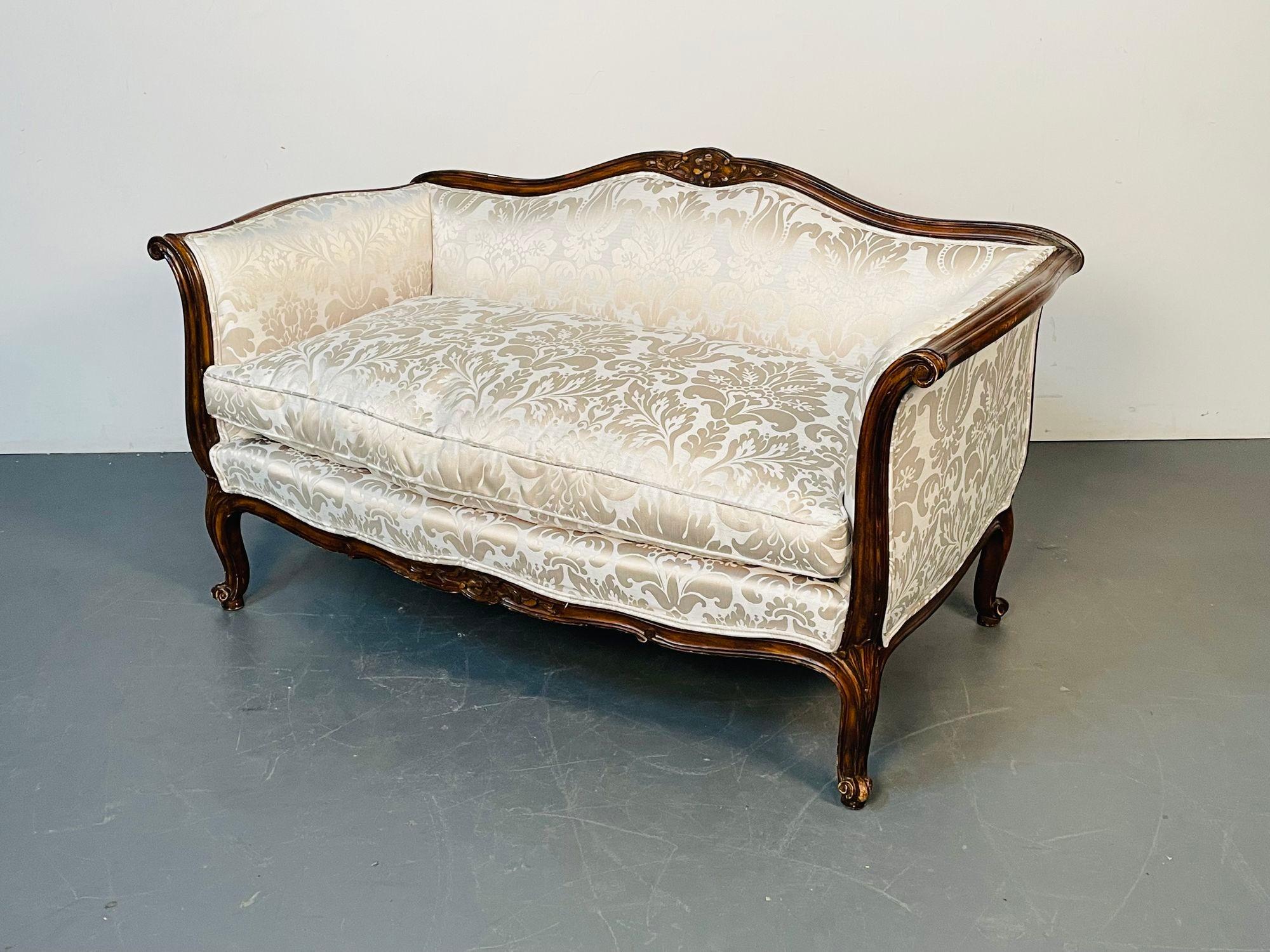 Wood Louis XV Mahogany Carved Settee, Canape / Sofa, Floral Silk Upholstery For Sale
